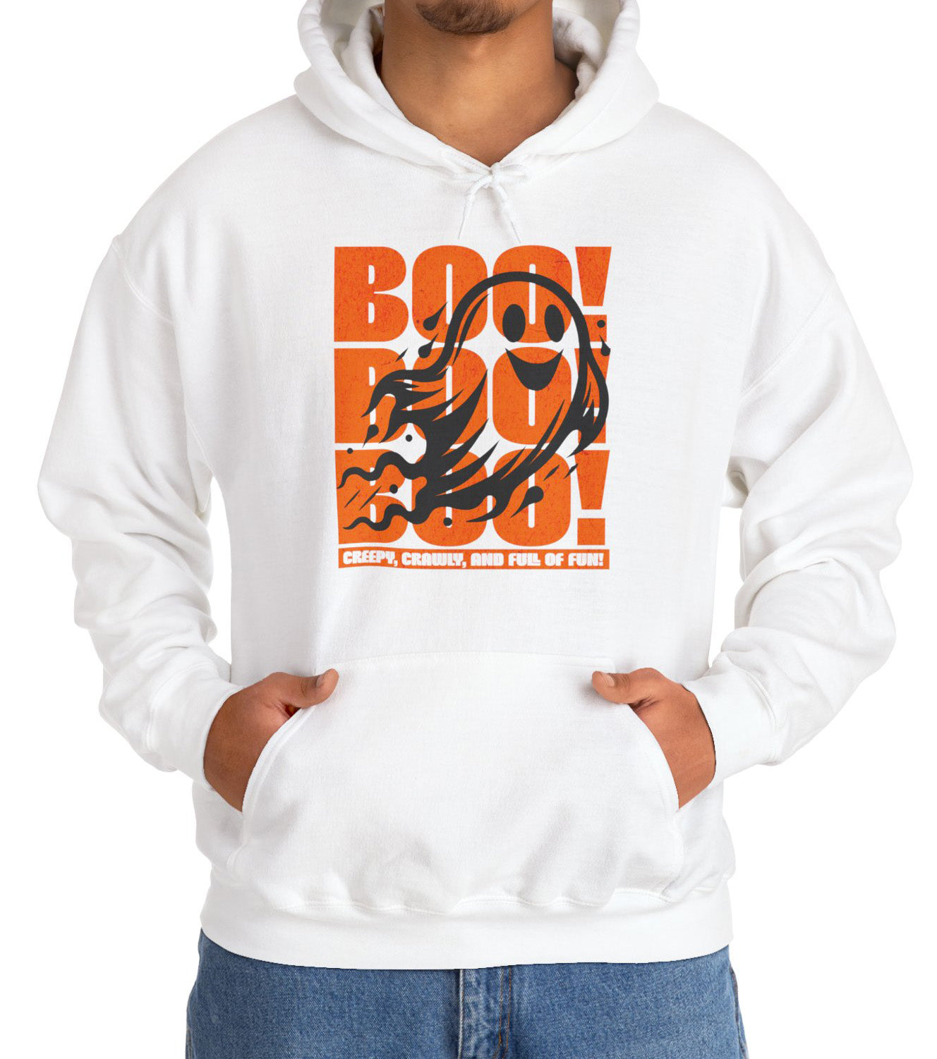 Playful ghost design with triple “Boo” text – fun Halloween unisex hoodie by BimBangDesign.