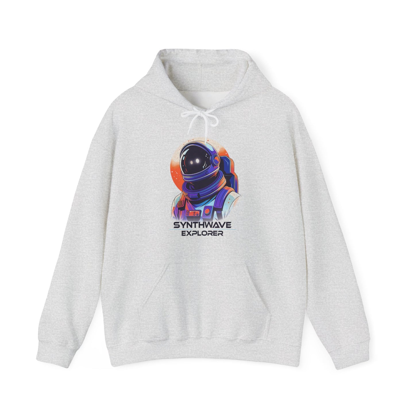 Ash Synthwave Explorer Hoodie with stars, neon sun and retro sci-fi look spaceman BimBangDesign