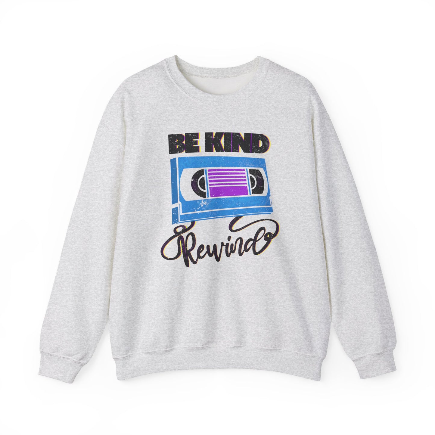 Be Kind Rewind Ash Sweatshirt, retro typographic style, VHS inspiration for vintage lovers BimBangDesign