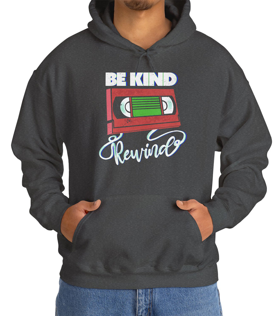 Be Kind Rewind Dark Heather Hoodie, retro typographic style, VHS inspiration for vintage lovers BimBangDesign