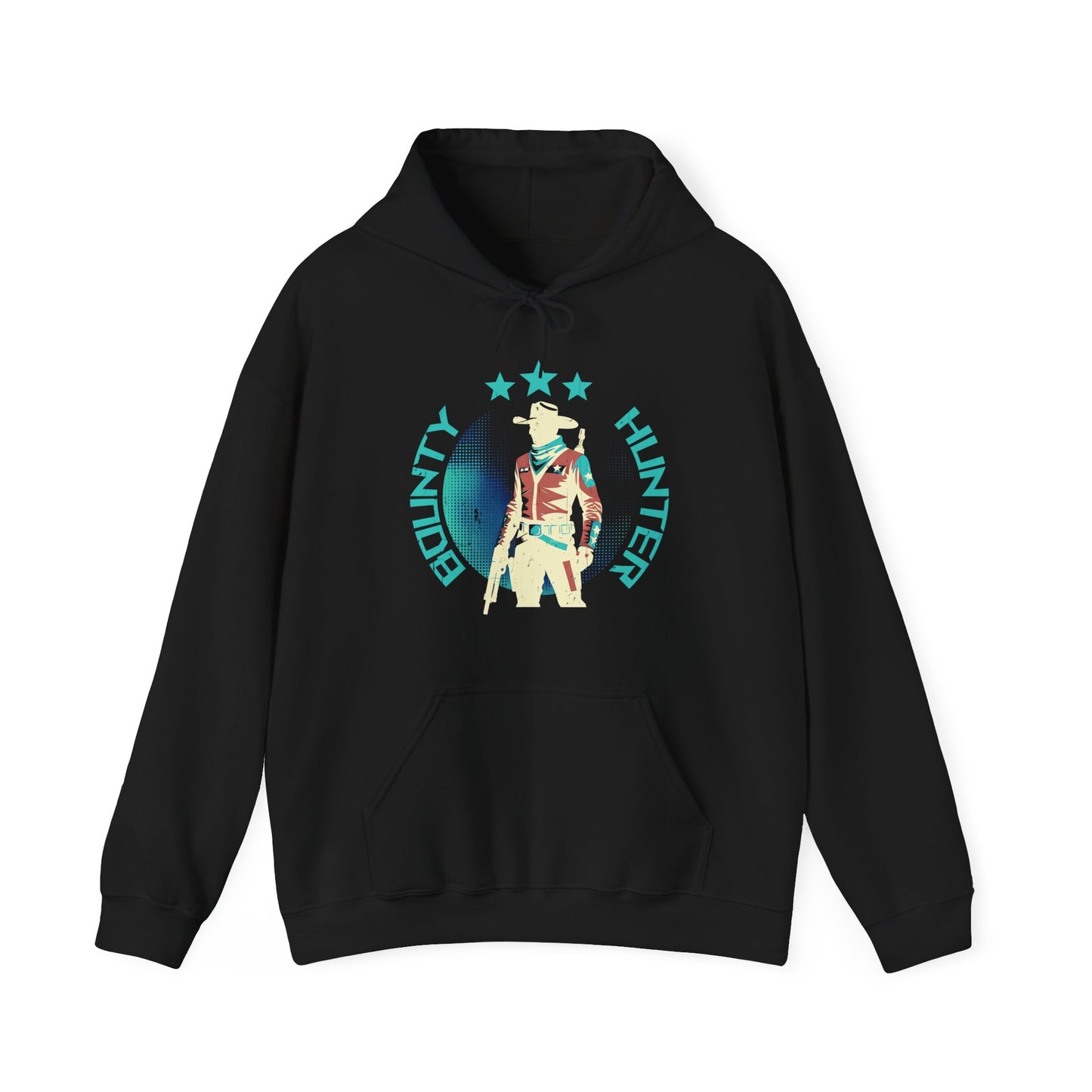 Bounty Hunter Black Hoodie with minimalist retro space cowboy and stars design BimBangDesign