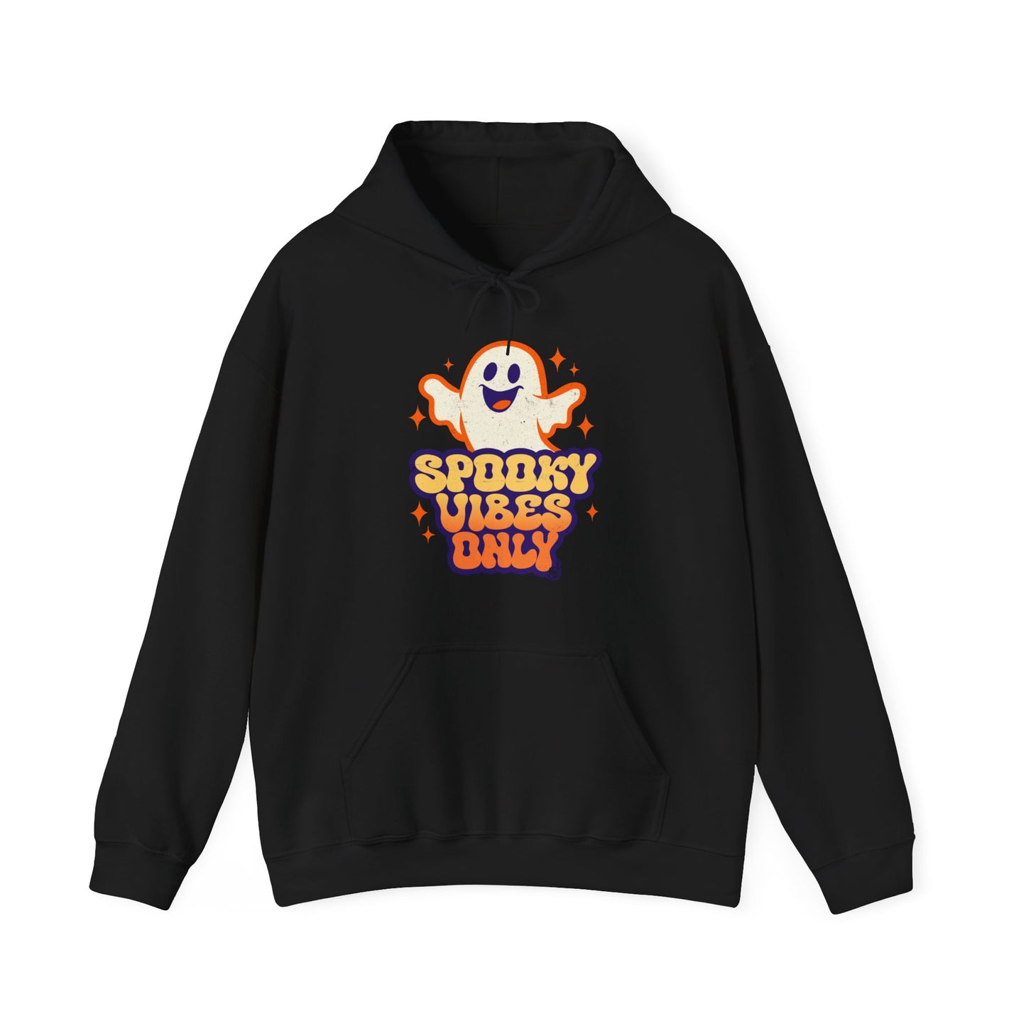 Black Spooky Vibes Only Hoodie with funny ghost art for adults that love vintage halloween cartoon BimBangDesign