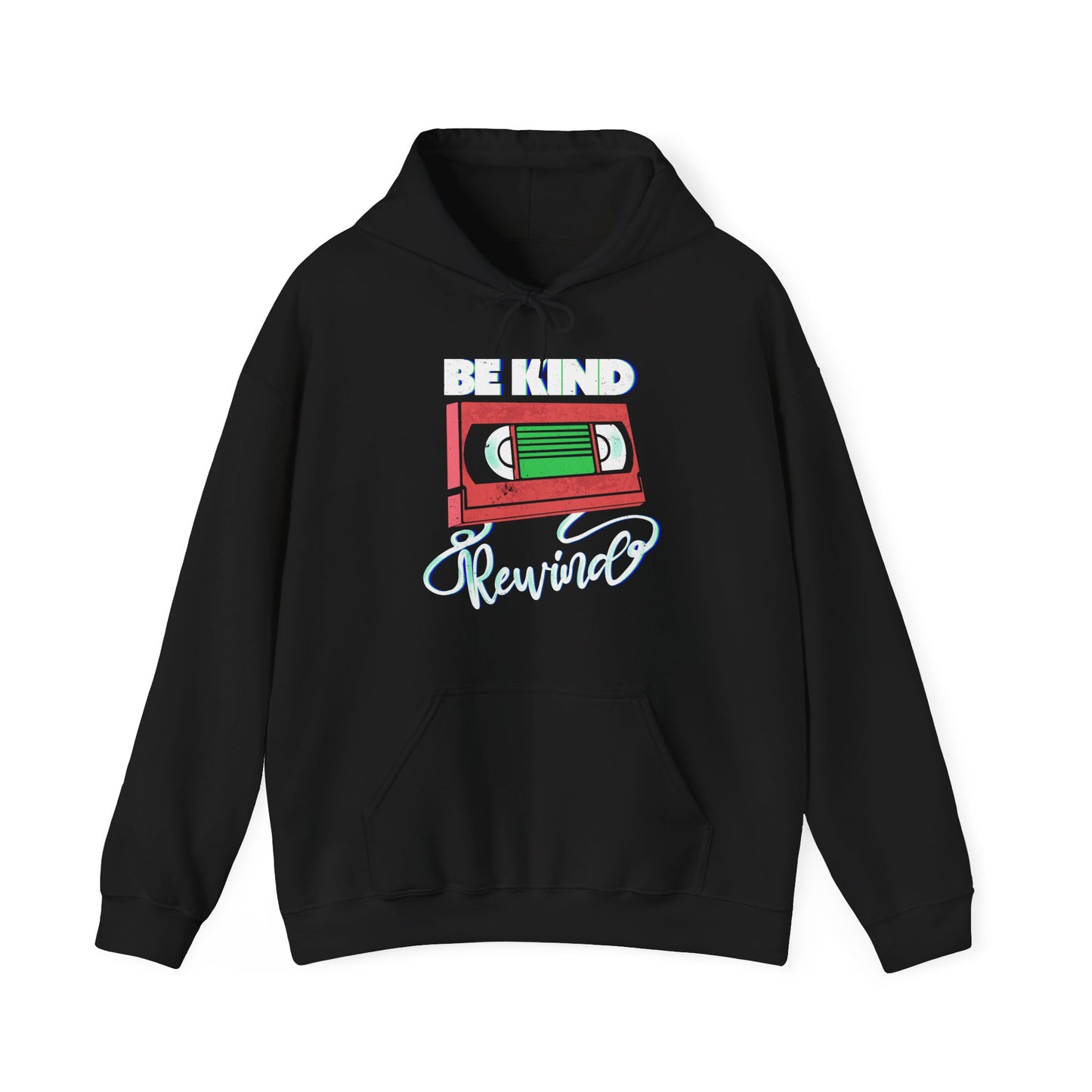 Be Kind Rewind Black Hoodie, retro typographic style, VHS inspiration BimBangDesign