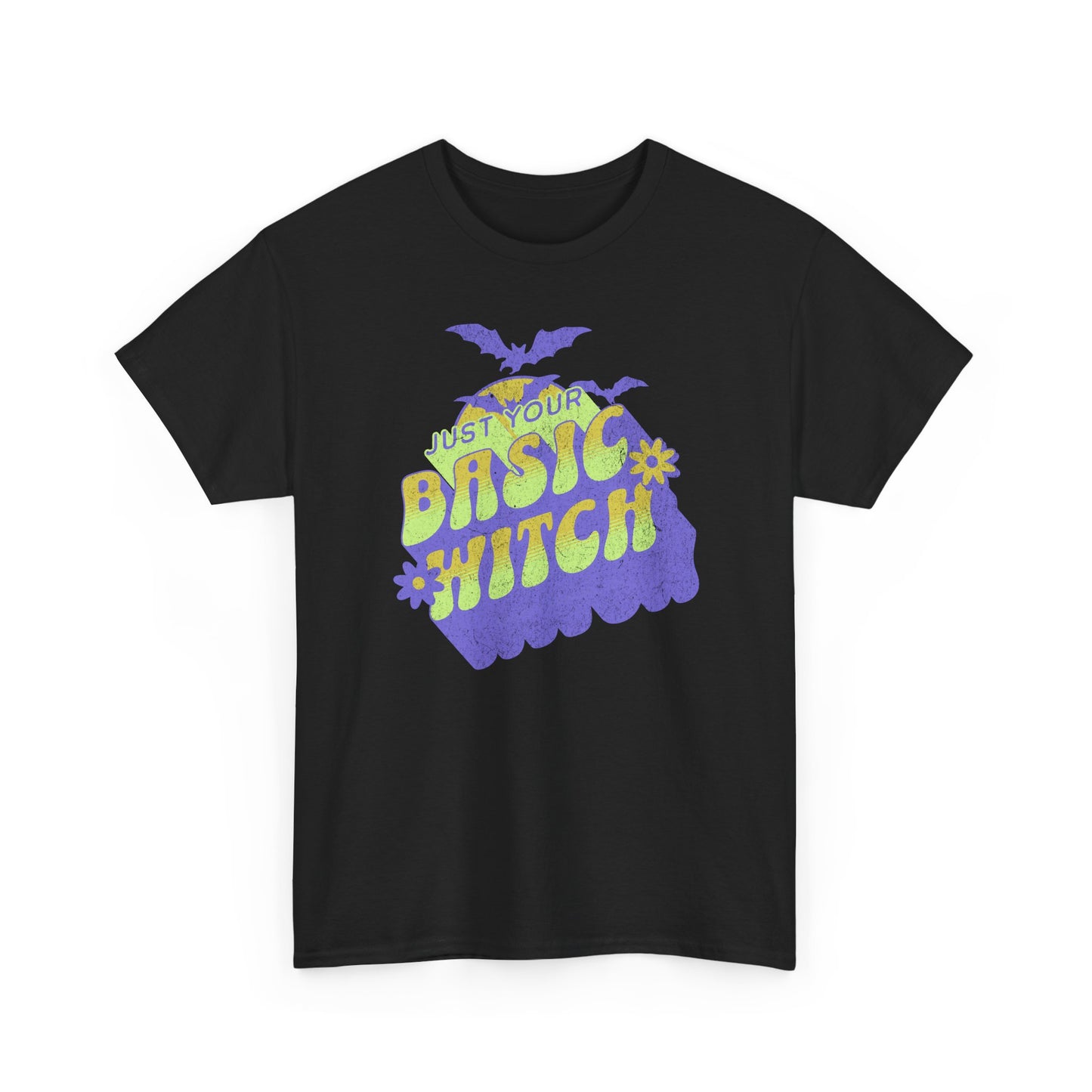 Black Unisex t-shirt with “Just Your Basic Witch” print – fun Halloween tee featuring retro witchy vibes, perfect for casual spooky style. BimBangDesign