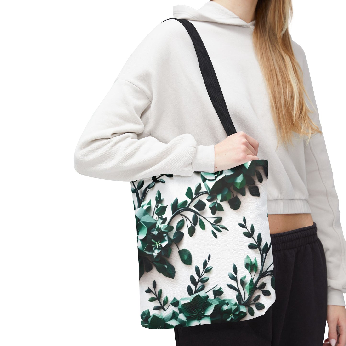 A Reusable and Durable Botanical Bliss Low Poly Design and lightweight Tote Bag, used by an eco-conscious lady BimBangDesign