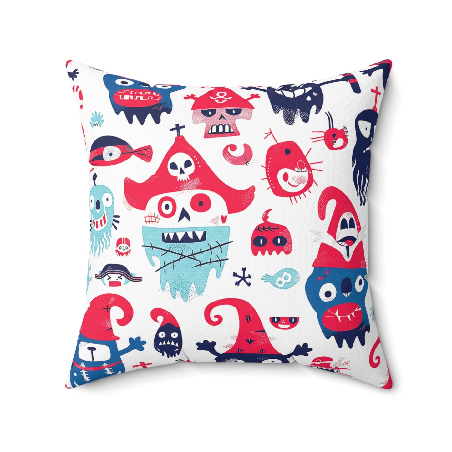 Decorative Pillow of naive cartoon quirky little pirate skulls and monster-like characters for home decor accessories BimBangDesign