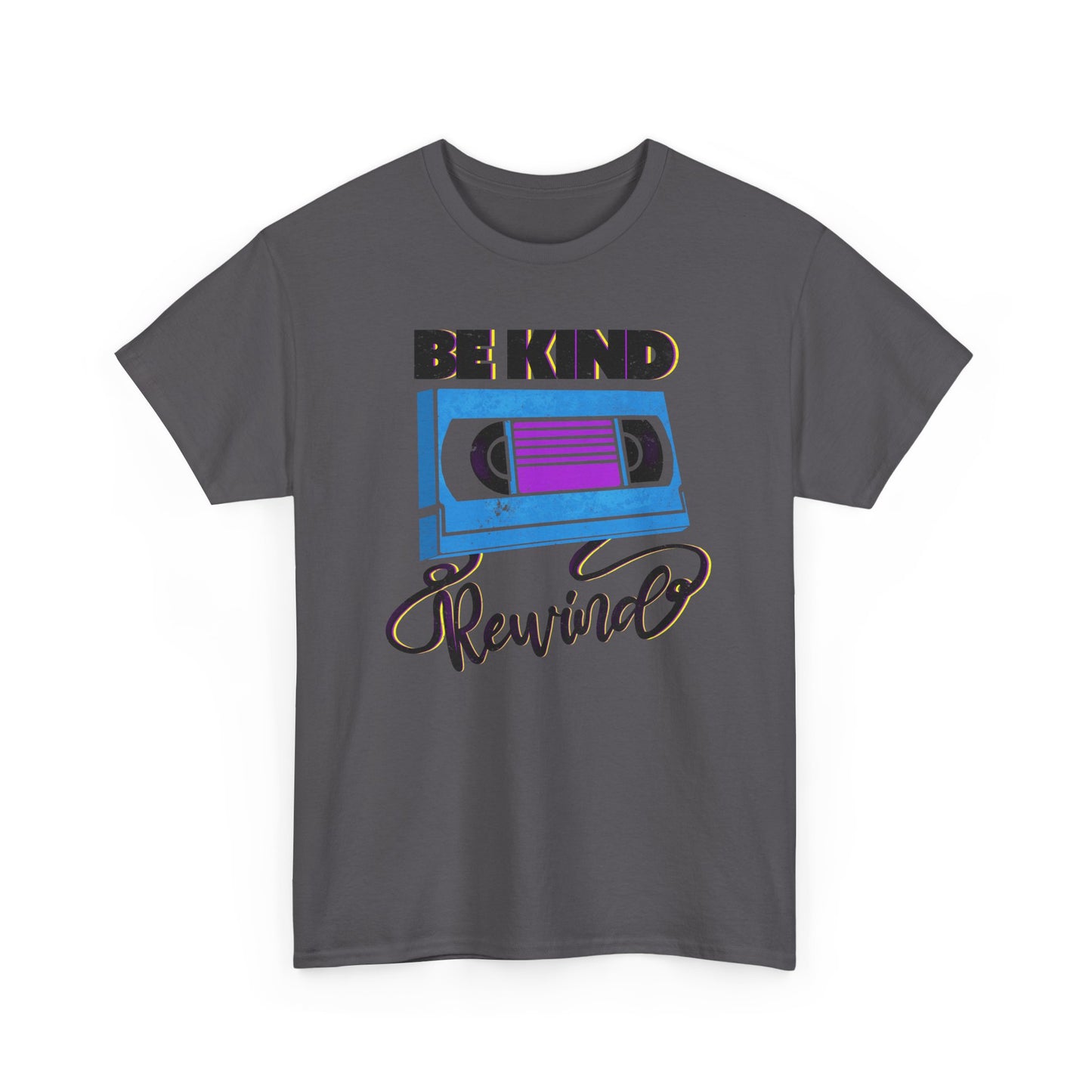 Be Kind Rewind Charcoal T-shirt, retro typographic style, VHS inspiration