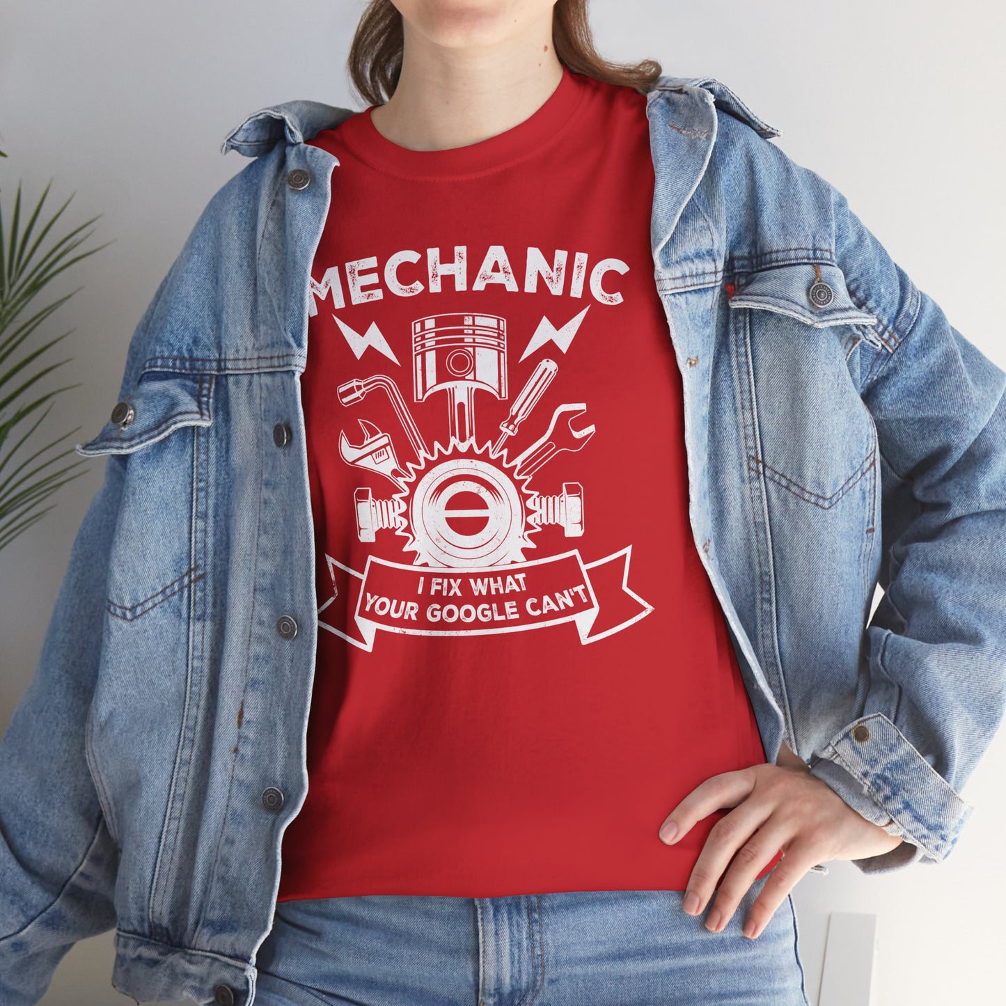 Red Funny mechanic t-shirt Close-Up with slogan I Fix What your Google Can't