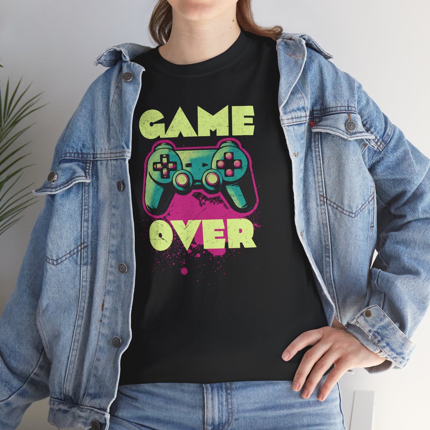 Close Up Black Game Over t-shirt retro neon colors art for gamers