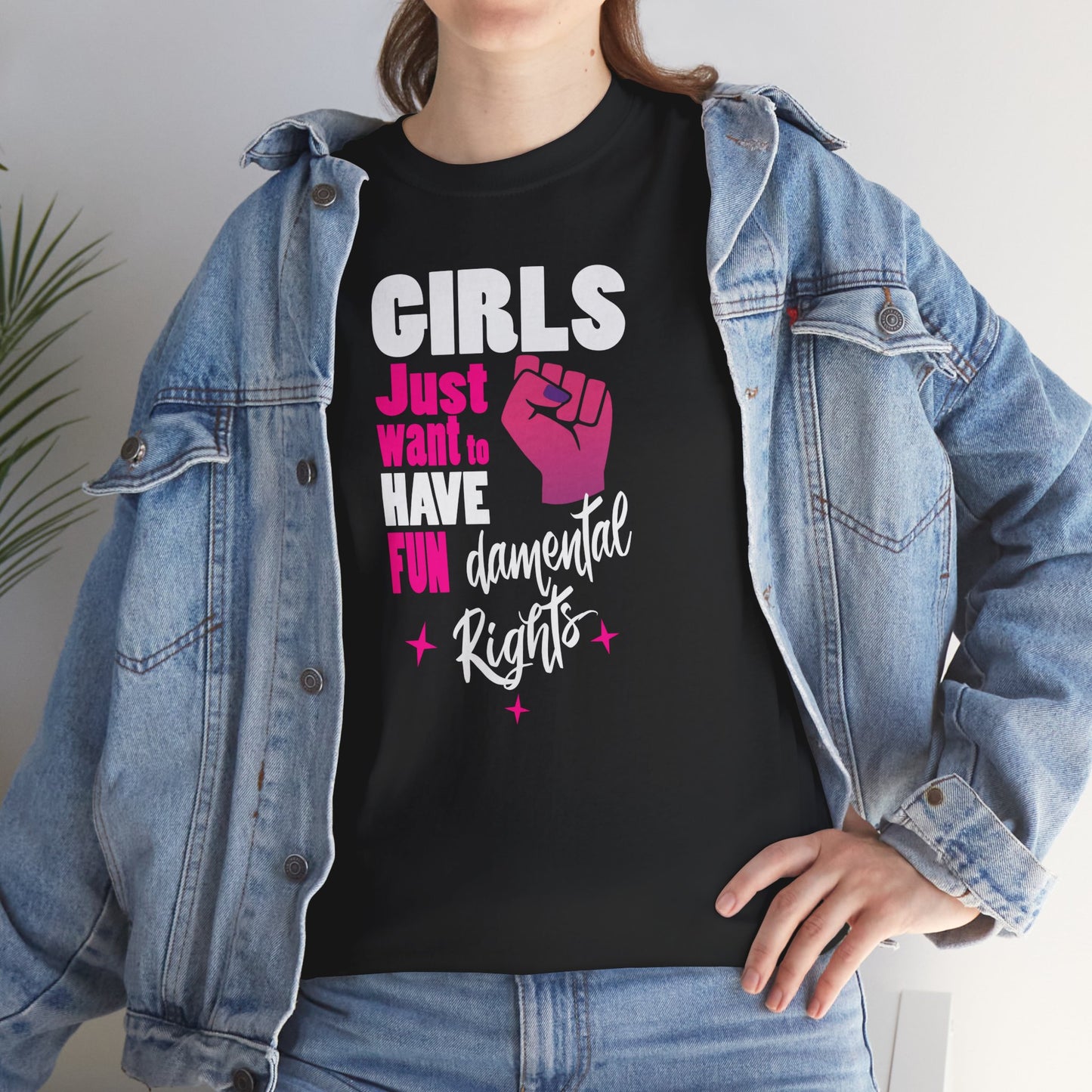 Girls Just Wanna Have Fundamental Rights Black T-shirt Close Up worn by a committed woman BimBangDesign