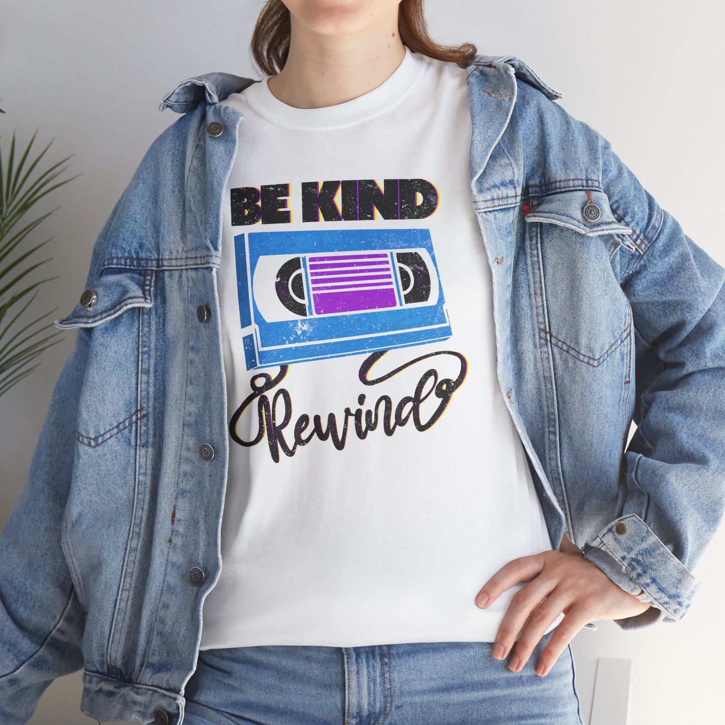 Close Up Be Kind Rewind White T-shirt, retro typographic style, VHS inspiration