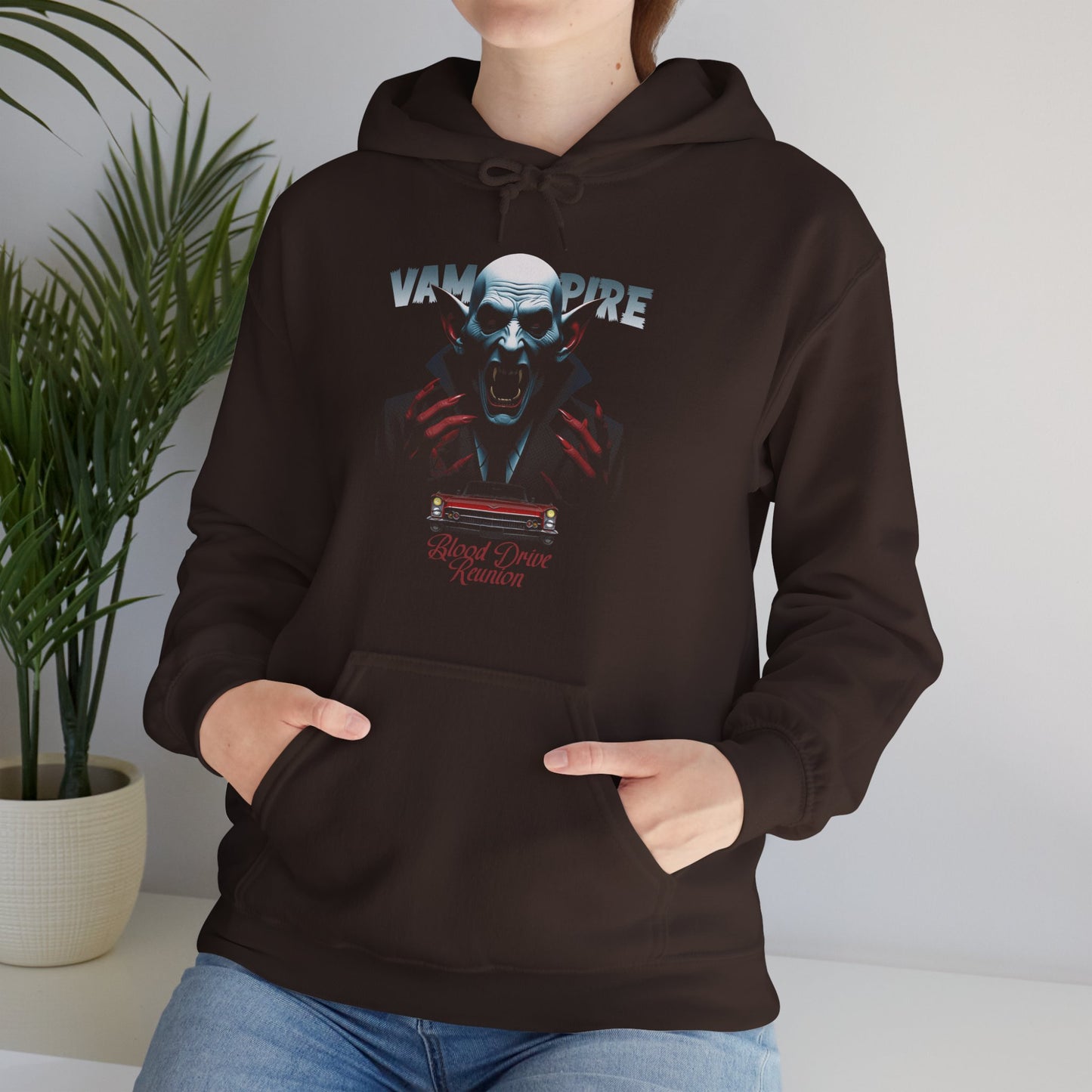 Black Blood Drive Reunion Hoodie Worn by a vintage horror movie vibes fan BimBangDesign