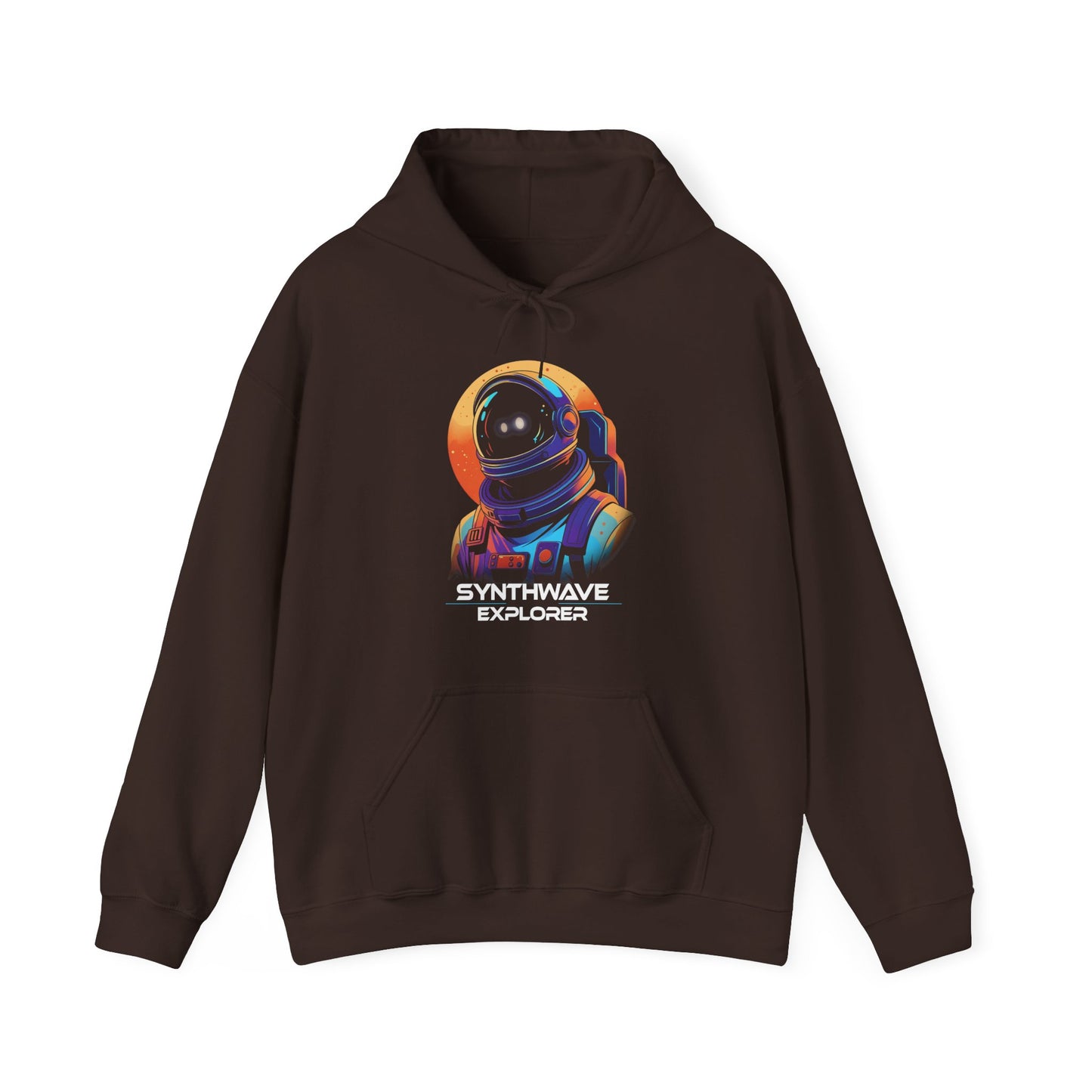 Dark Chocolate Synthwave Explorer Hoodie with stars, neon sun and retro sci-fi look spaceman BimBangDesign