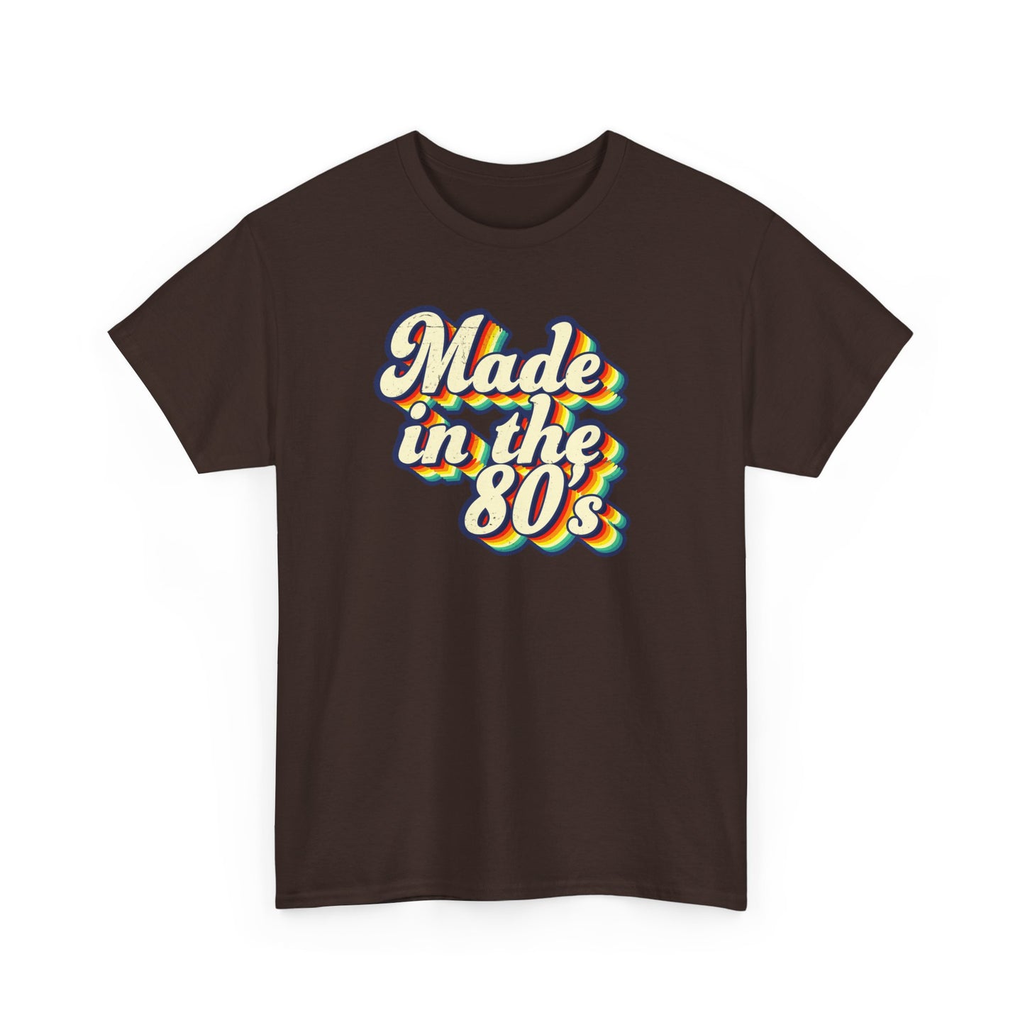 Made in the 80s vintage style T-shirt worn by an adult born in the 80's Dark Chocolate