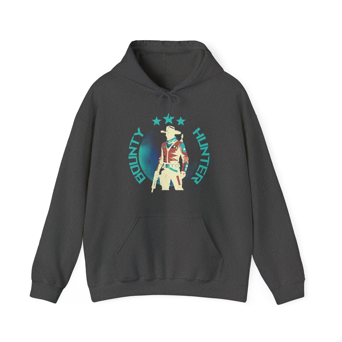 Bounty Hunter Dark Heather Hoodie with minimalist retro space cowboy and stars design BimBangDesign