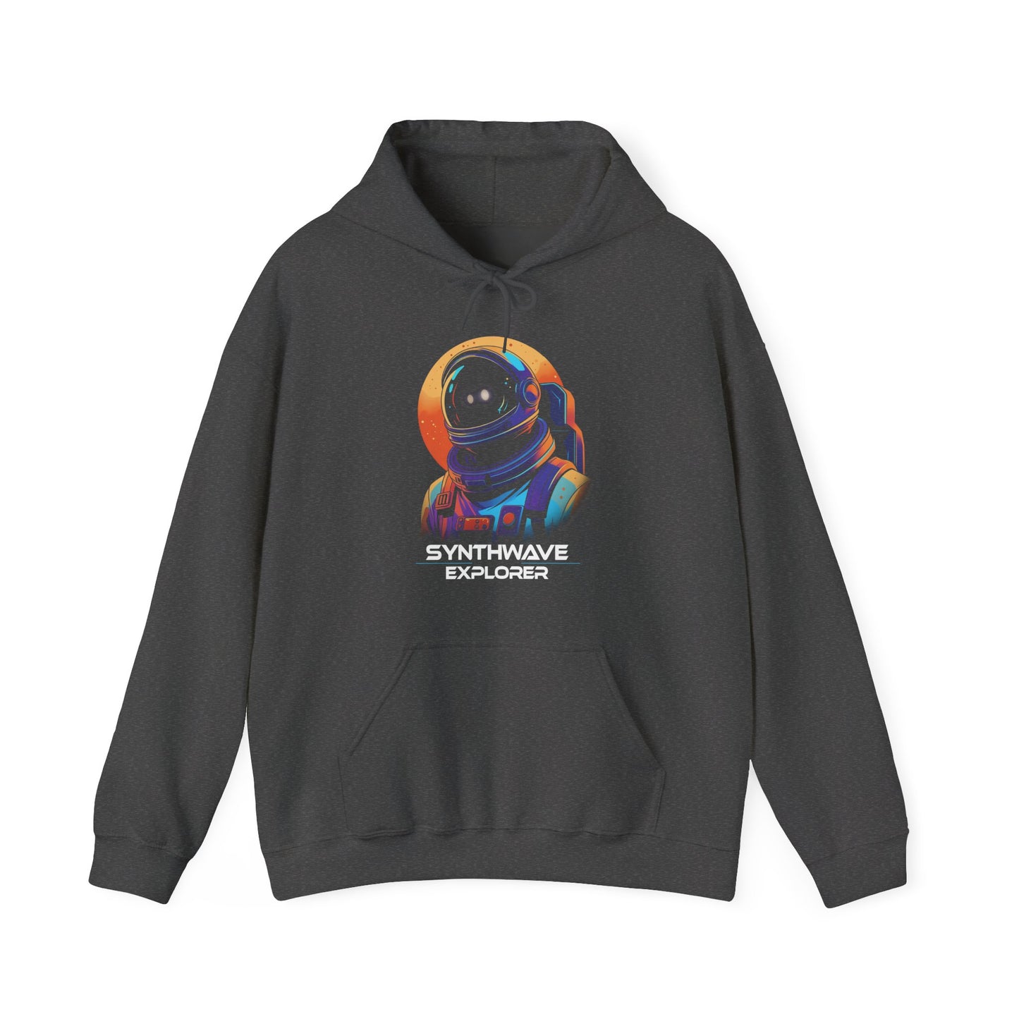 Dark Heather Synthwave Explorer Hoodie with stars, neon sun and retro sci-fi look spaceman BimBangDesign