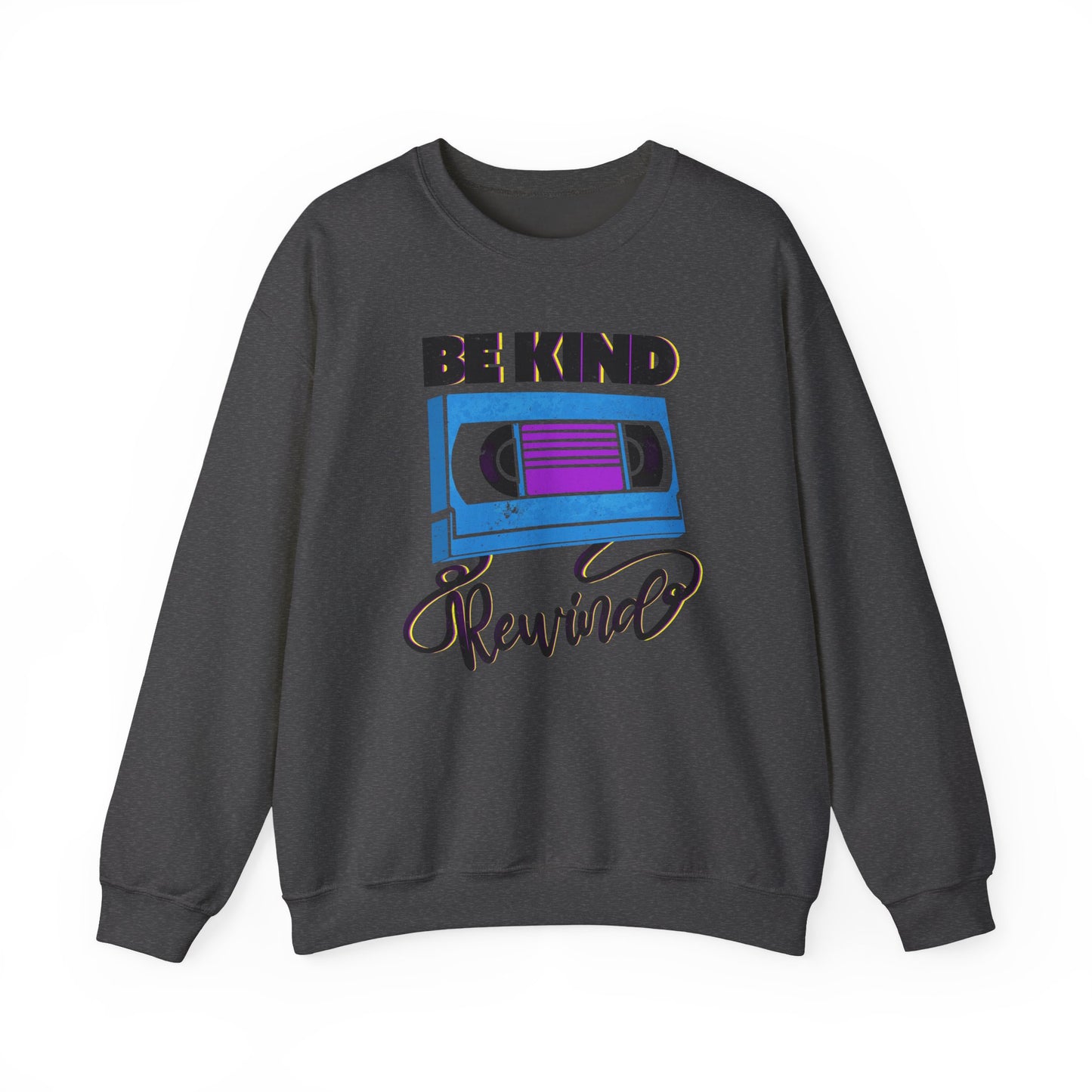 Be Kind Rewind Dark Heather Sweatshirt, retro typographic style, VHS inspiration for vintage lovers BimBangDesign