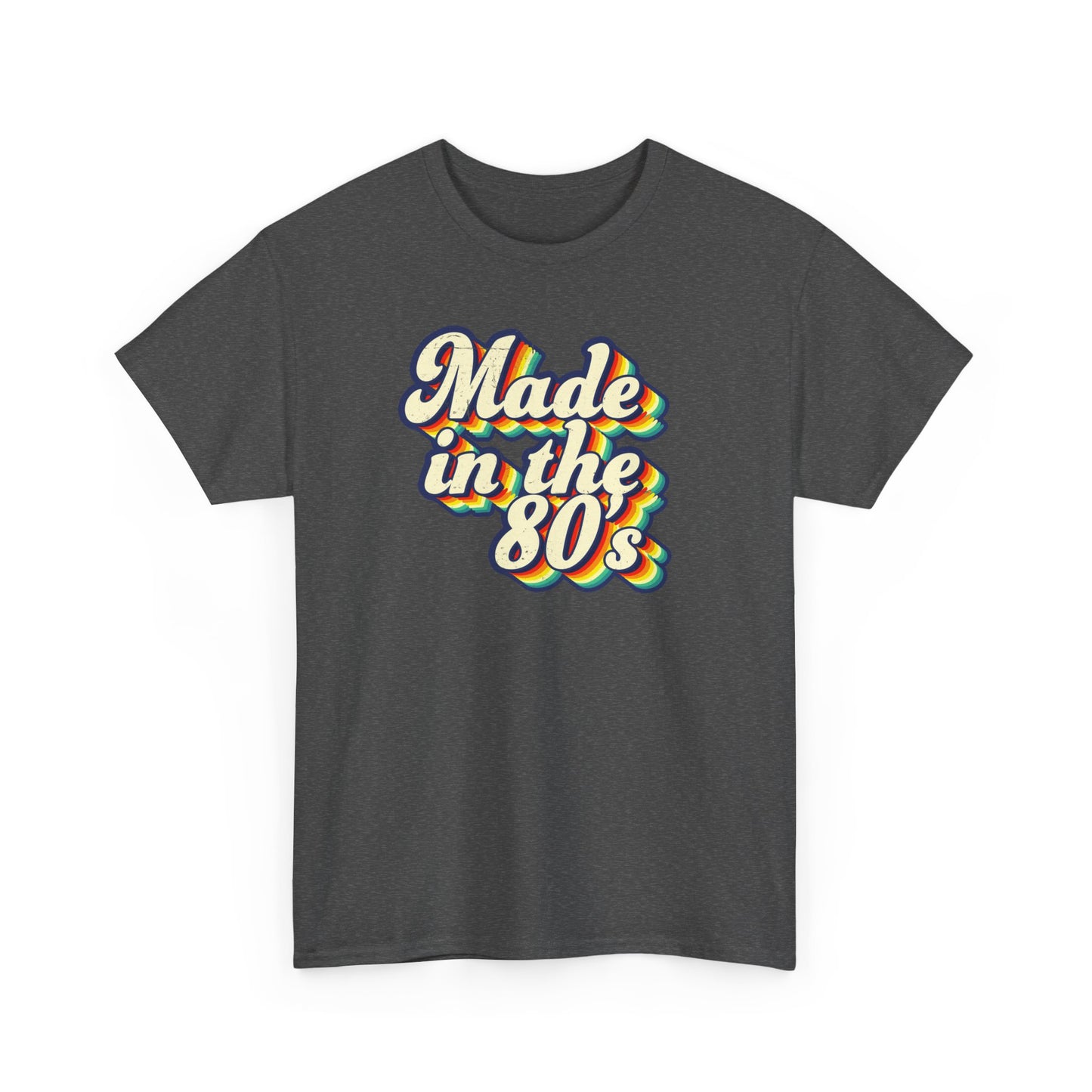 Made in the 80s vintage style T-shirt worn by an adult born in the 80's Dark Heather