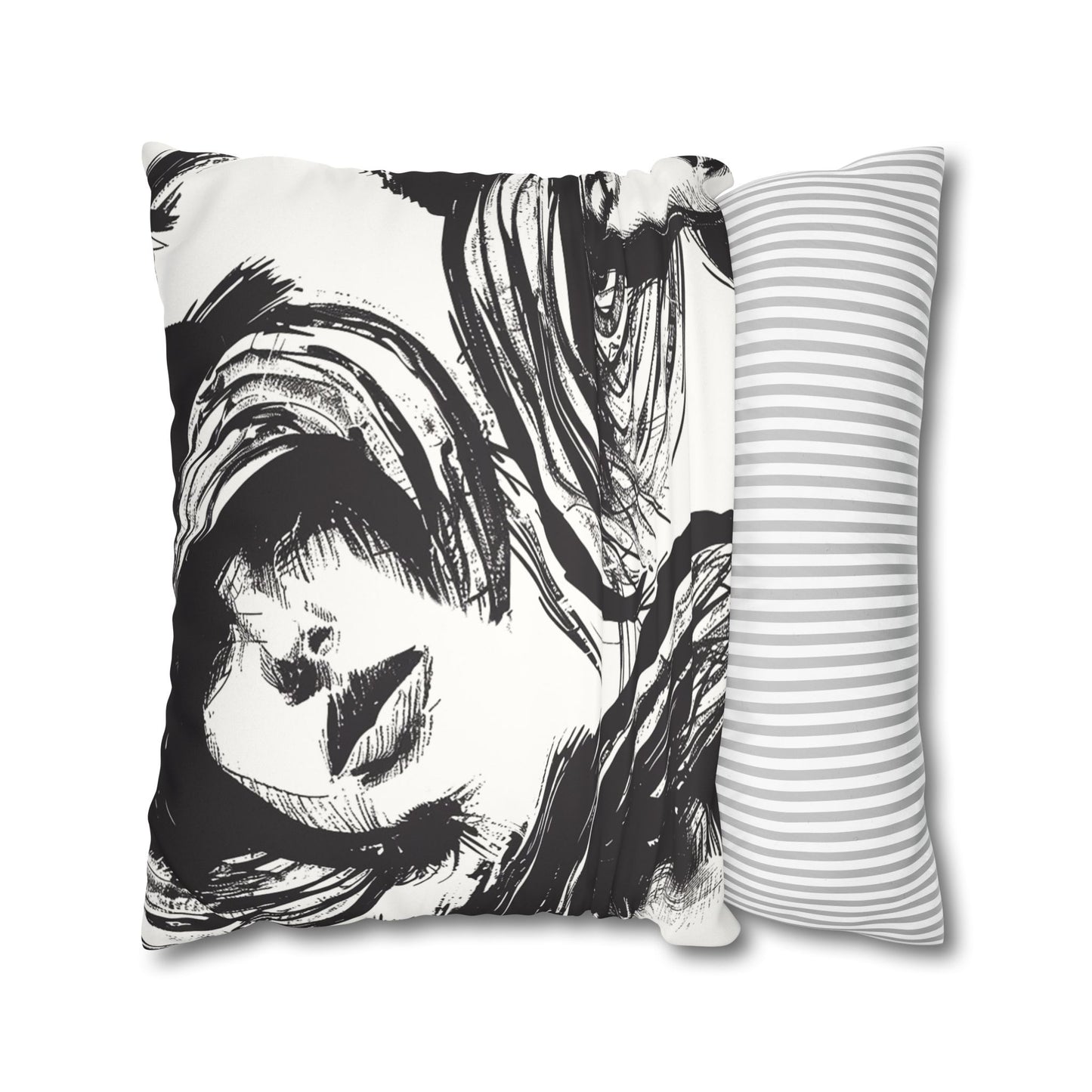 Context Use of a Stylish Decorative Pillowcase showcasing black inked elegant hand-painted 20s femmen as home decor accessories BimBangDesign