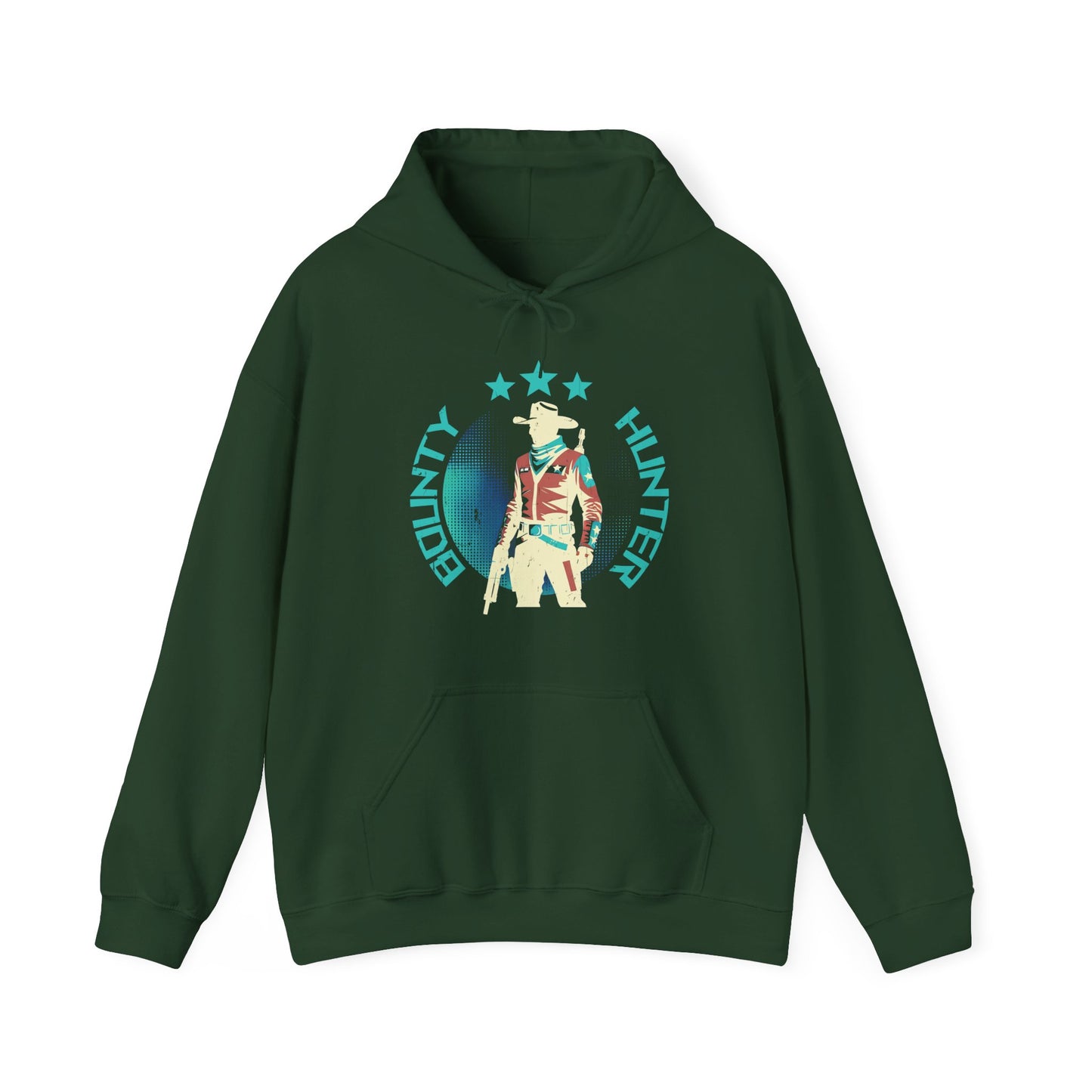 Bounty Hunter Forest Hoodie with minimalist retro space cowboy and stars design BimBangDesign