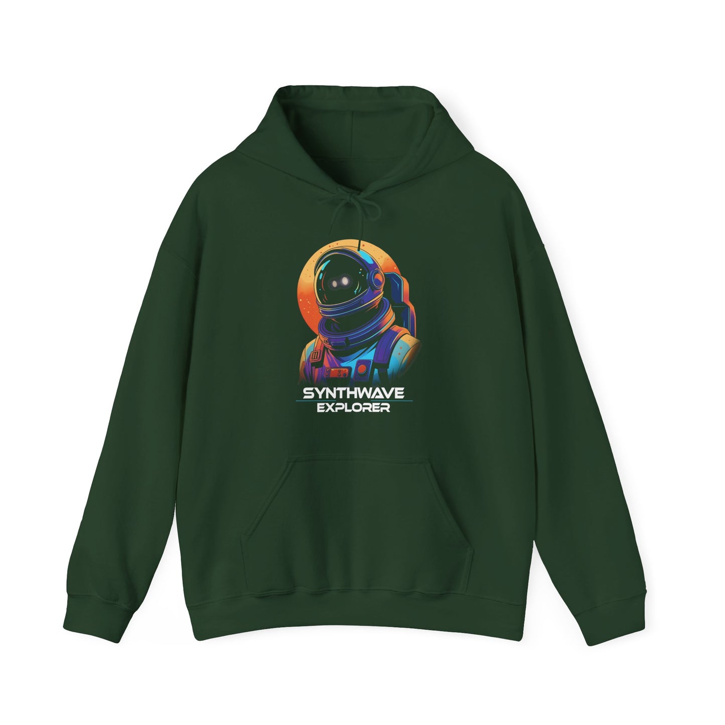 Forest Green Synthwave Explorer Hoodie with stars, neon sun and retro sci-fi look spaceman BimBangDesign