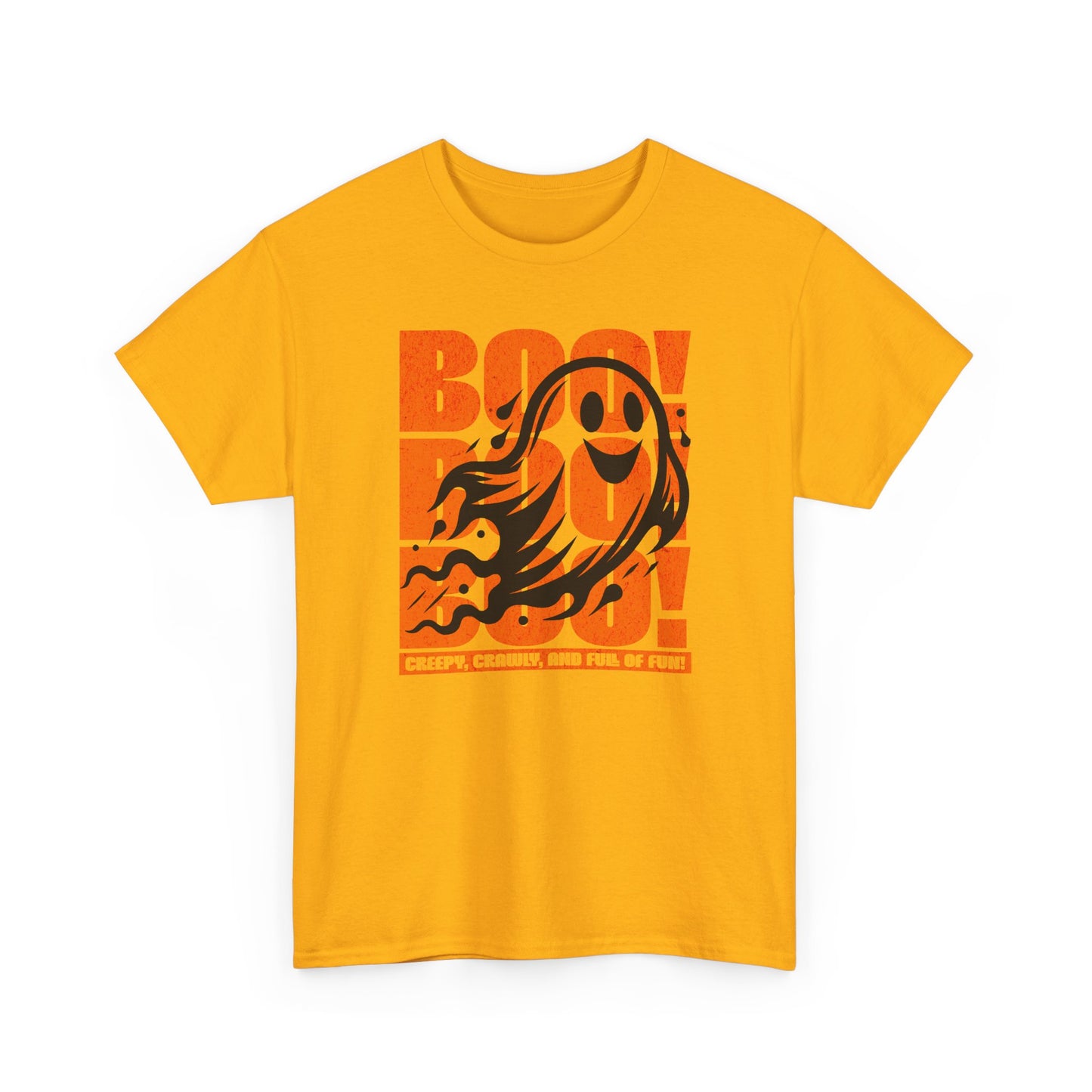 Gold Playful ghost design with triple “Boo” text – fun Halloween unisex t-shirt by BimBangDesign.