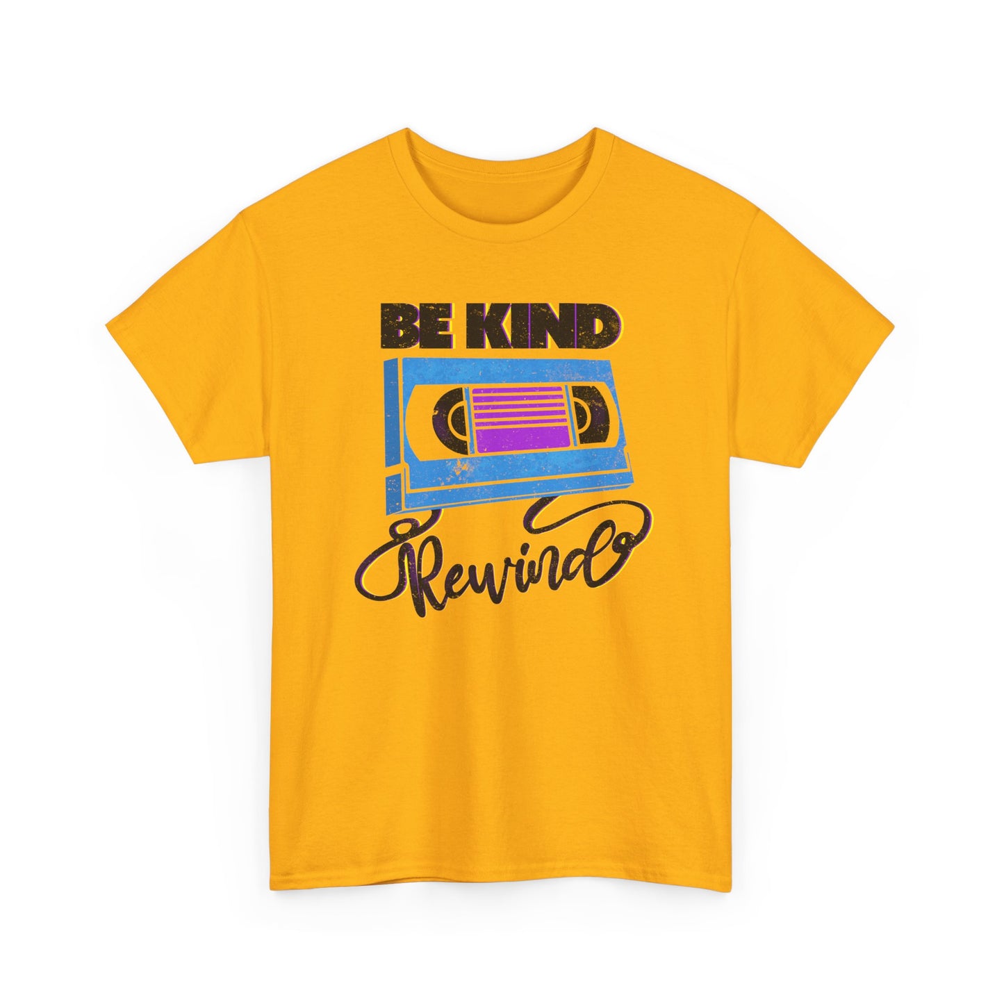 Be Kind Rewind Gold T-shirt, retro typographic style, VHS inspiration