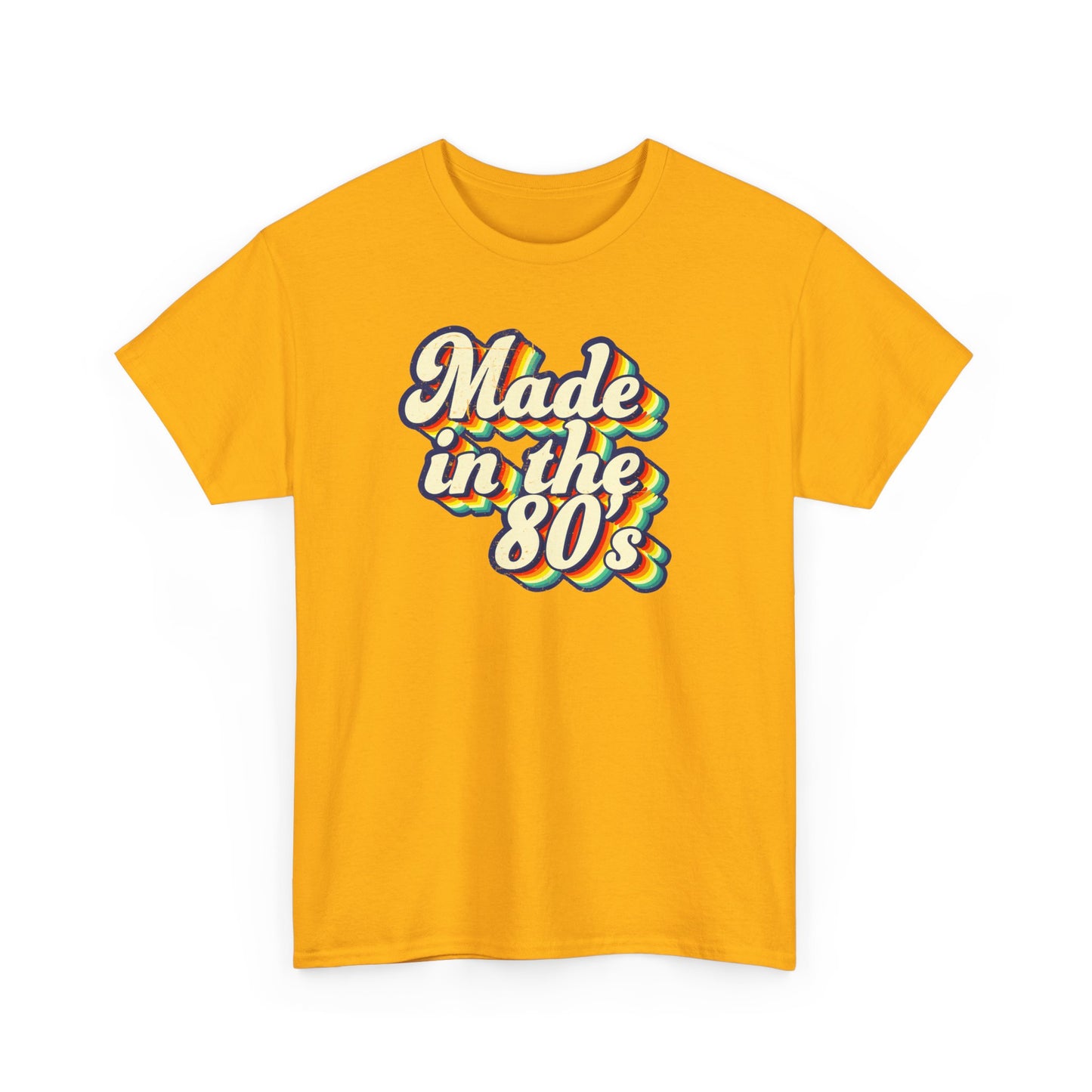 Made in the 80s vintage style T-shirt worn by an adult born in the 80's Gold