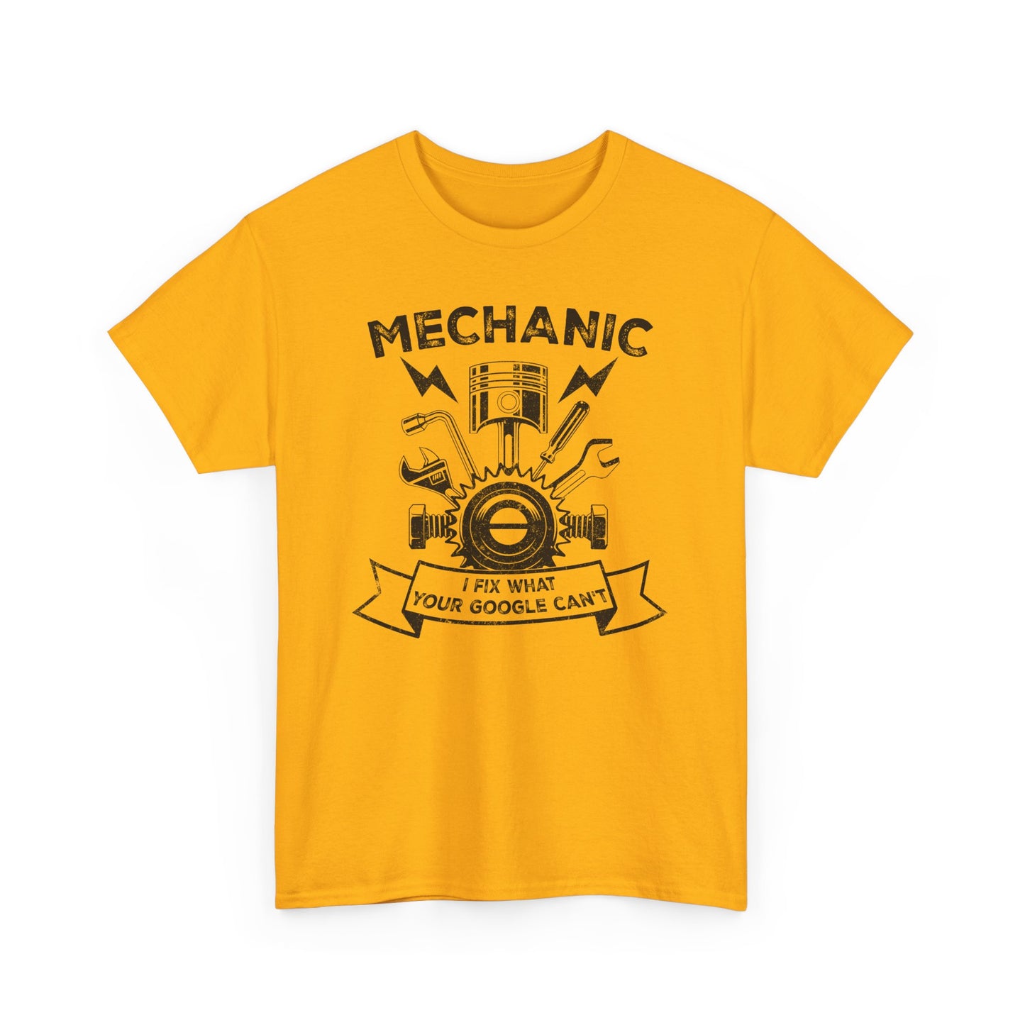 Gold Funny mechanic t-shirt with slogan I Fix What Google Can't BimBangDesign