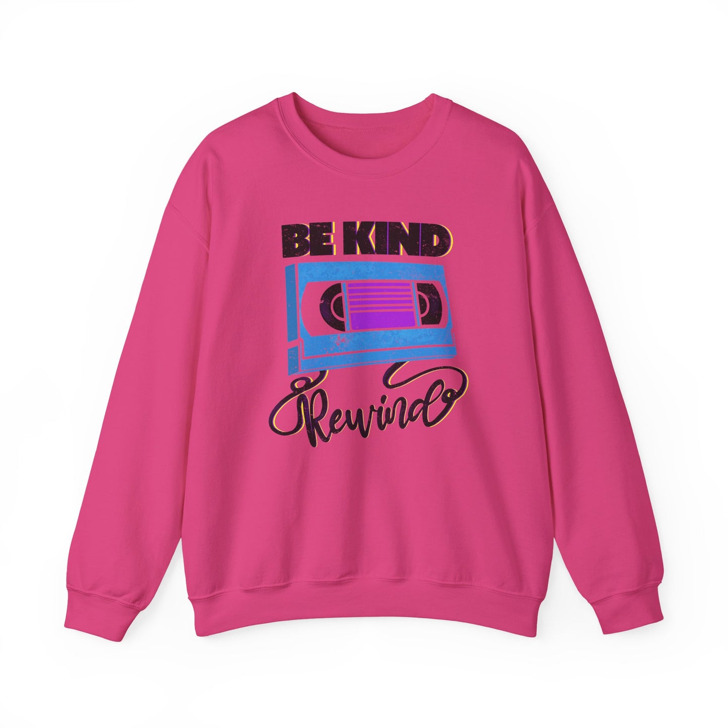 Be Kind Rewind Heliconia Sweatshirt, retro typographic style, VHS inspiration for vintage lovers BimBangDesign
