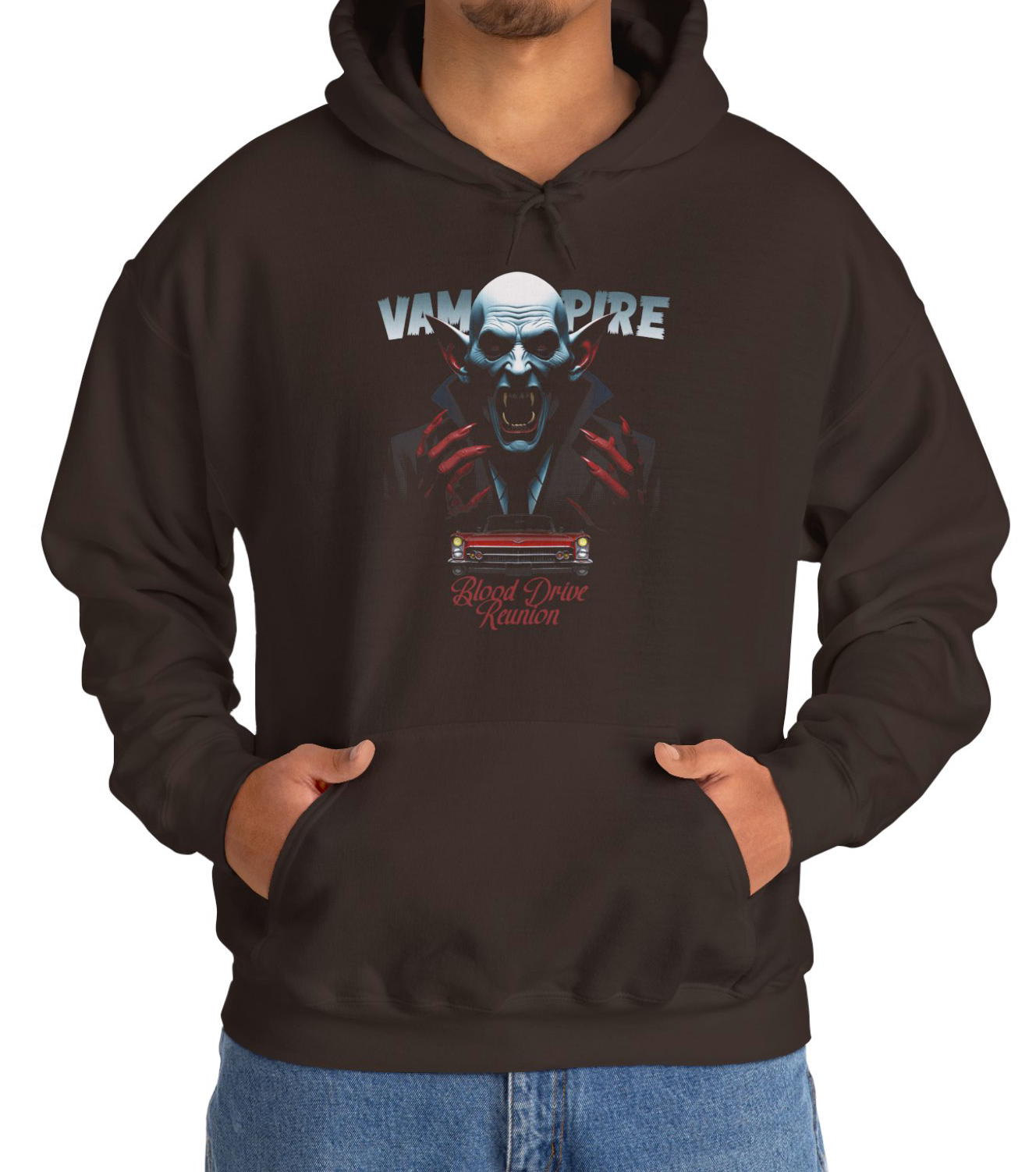 Dark Chocolate Blood Drive Reunion Hoodie worn by a retro horror movie poster Fan BimBangDesign