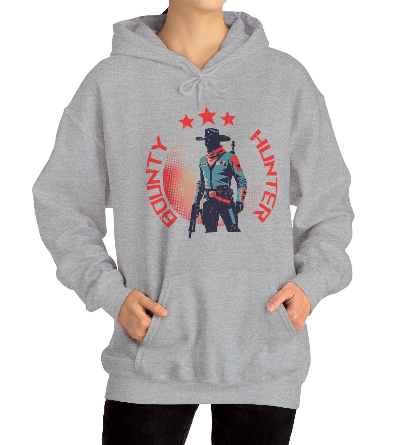 Bounty Hunter Sport Grey Hoodie with minimalist retro space cowboy and stars print worn by a sci-fi fan BimBangDesign