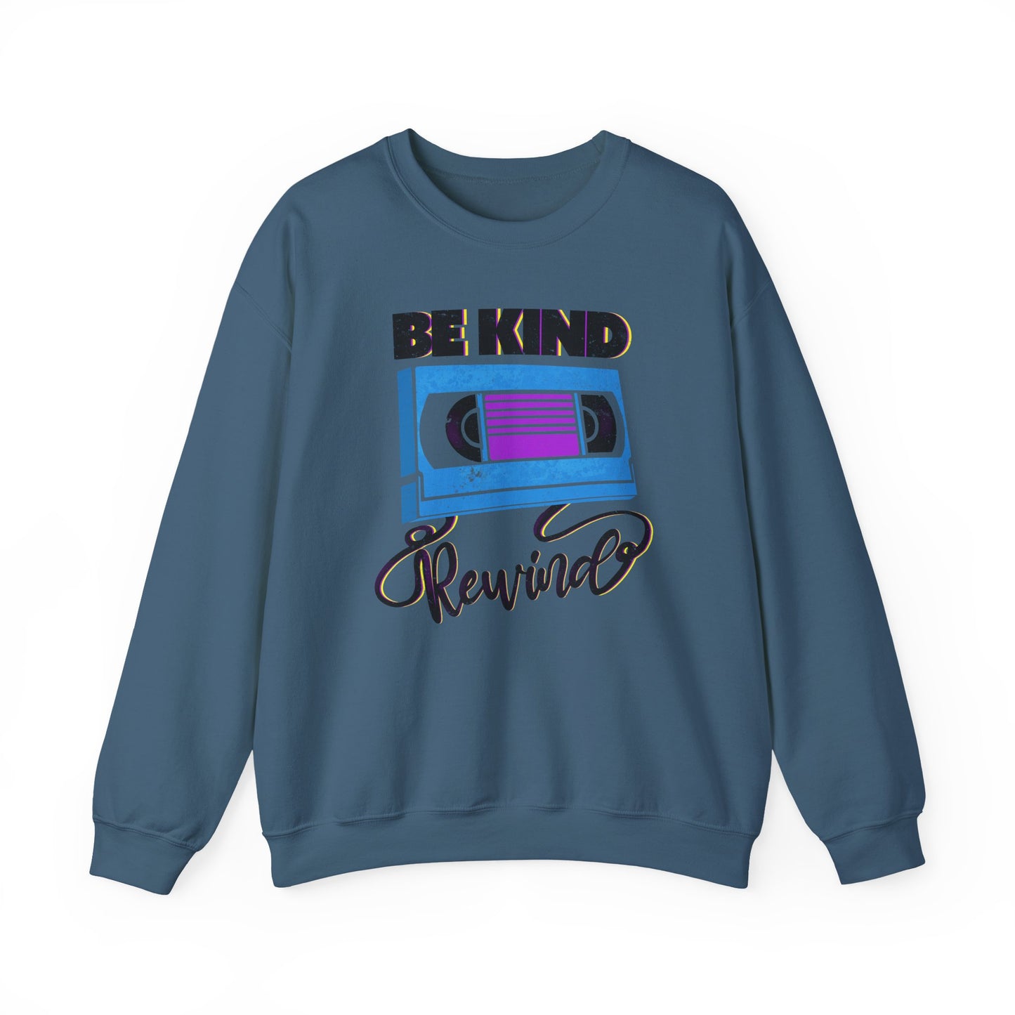 Be Kind Rewind Indigo Blue Sweatshirt, retro typographic style, VHS inspiration for vintage lovers BimBangDesign