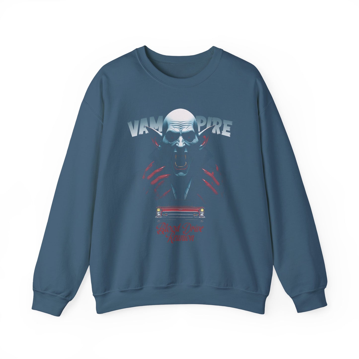 Indigo Blue Blood Drive Reunion Sweatshirt for retro horror movie poster Fans BimBangDesign
