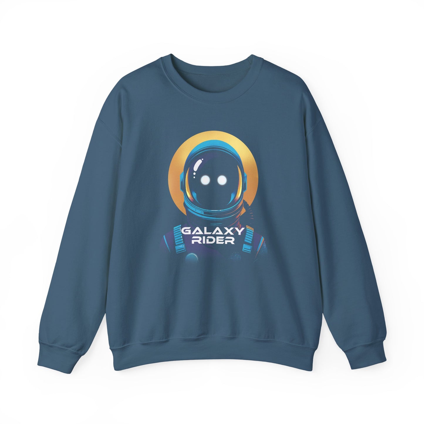 Indigo Blue Galaxy Rider Sweatshirt with a cosmic design for every space enthusiast BimBangDesign