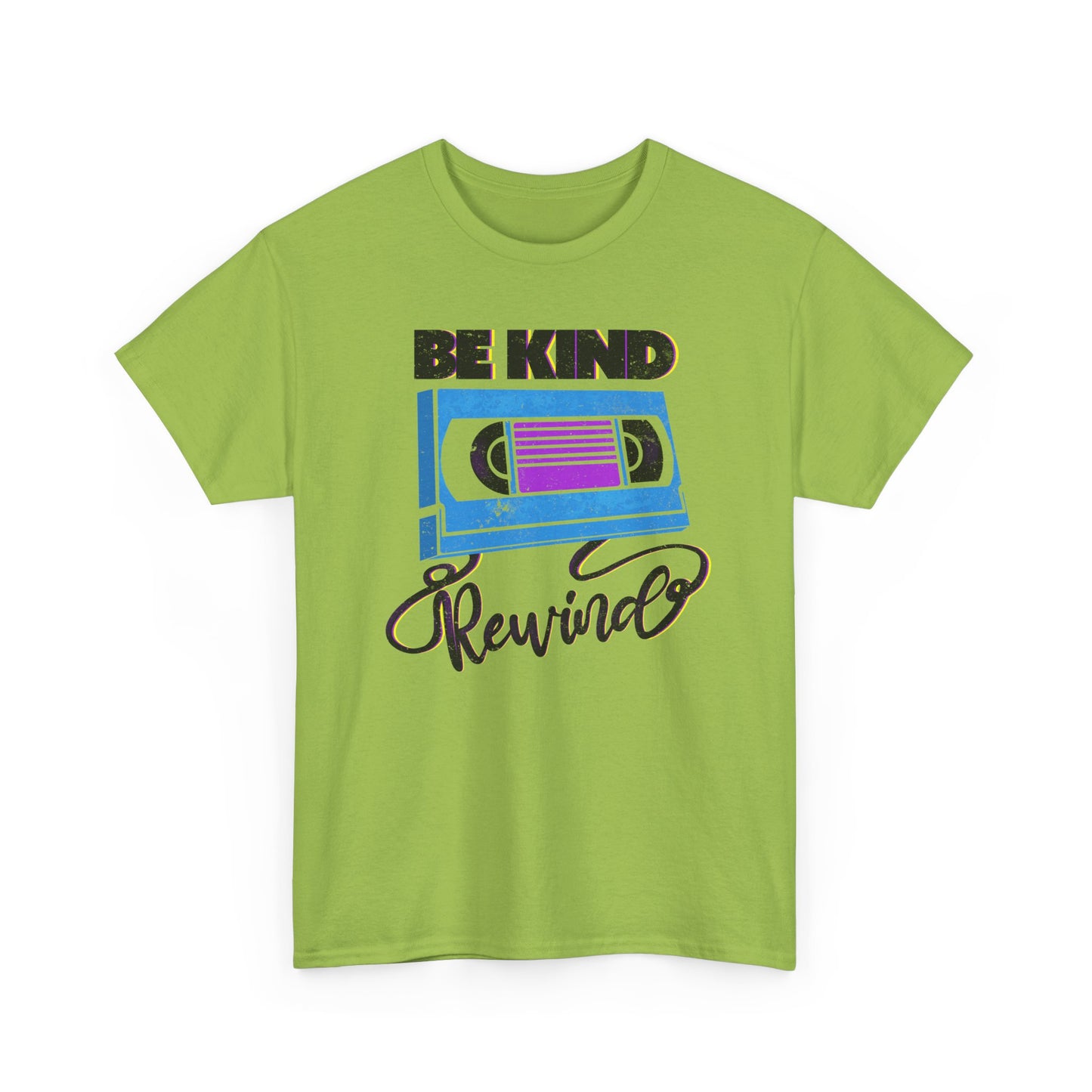 Be Kind Rewind Kiwi Green T-shirt, retro typographic style, VHS inspiration