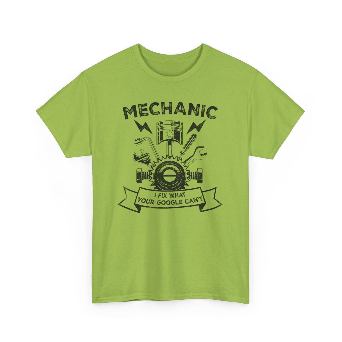 Kiwi Green Funny mechanic t-shirt with slogan I Fix What your Google Can't BimBangDesign