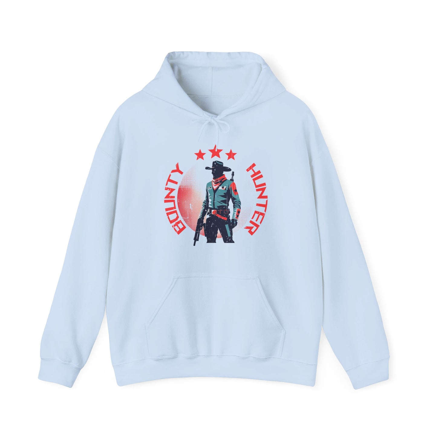 Bounty Hunter Light Blue Hoodie with minimalist retro space cowboy and stars design BimBangDesign