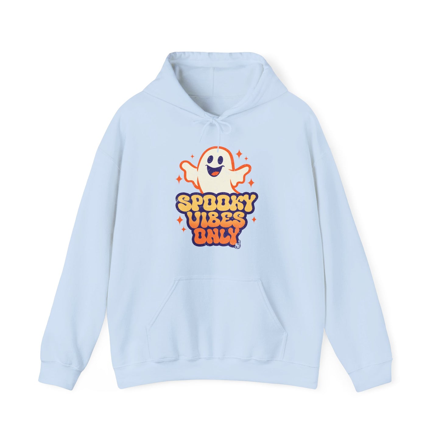 Light Blue Spooky Vibes Only Hoodie with funny ghost art for adults that love vintage halloween cartoon BimBangDesign