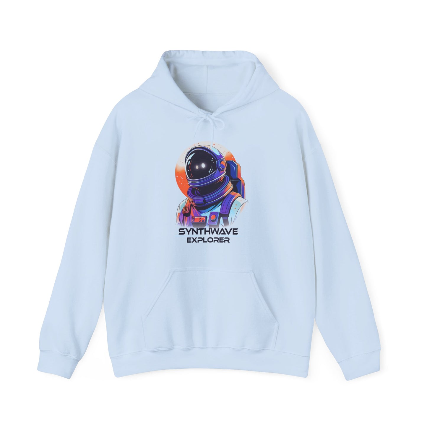 Light Blue Synthwave Explorer Hoodie with stars, neon sun and retro sci-fi look spaceman BimBangDesign
