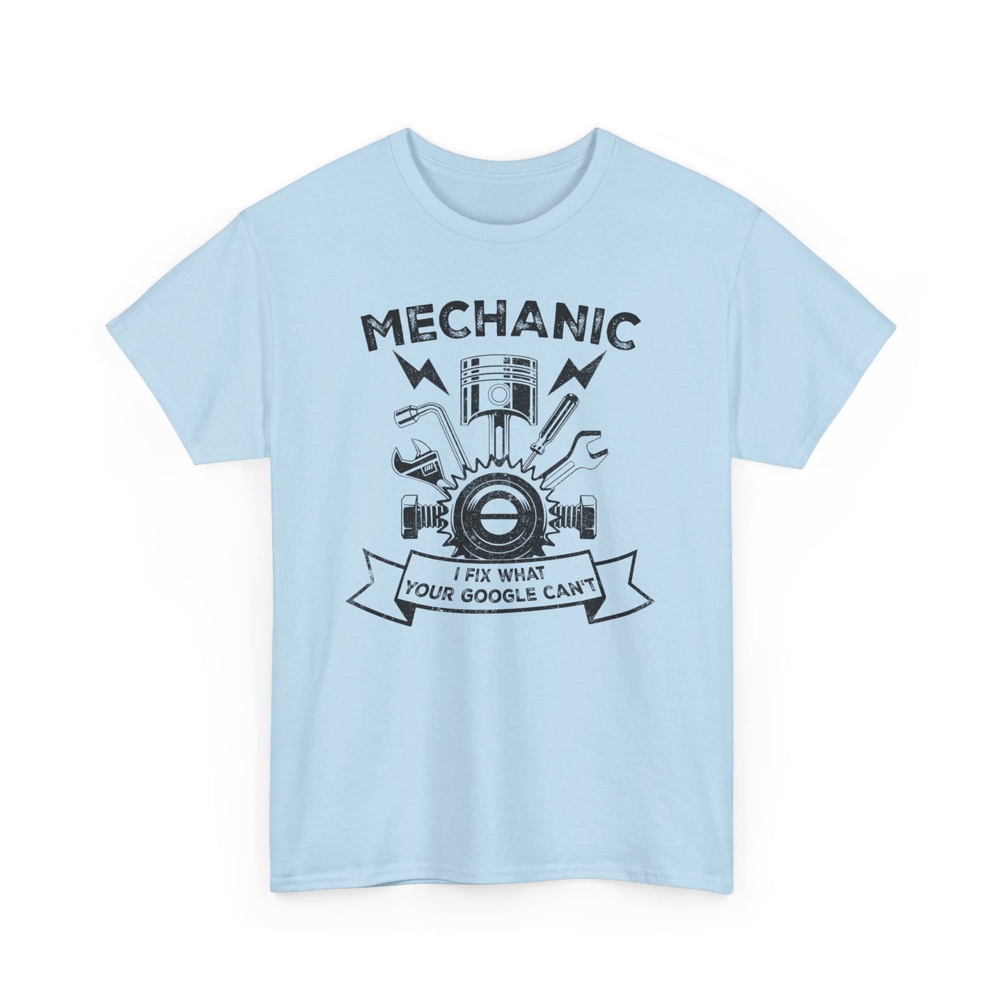 Light Blue Funny mechanic t-shirt with slogan I Fix What your Google Can't BimBangDesign