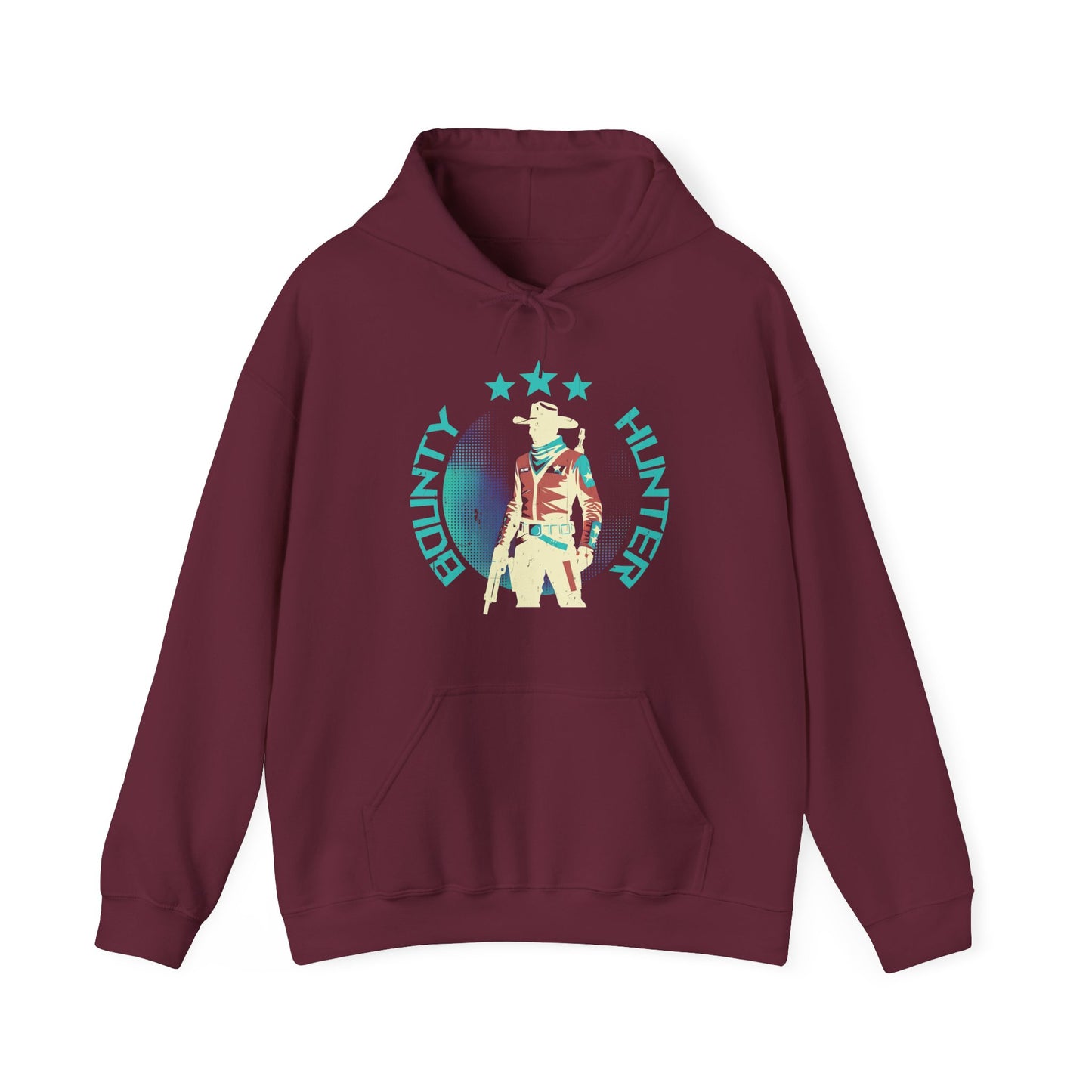 Bounty Hunter Maroon Hoodie with minimalist retro space cowboy and stars design BimBangDesign