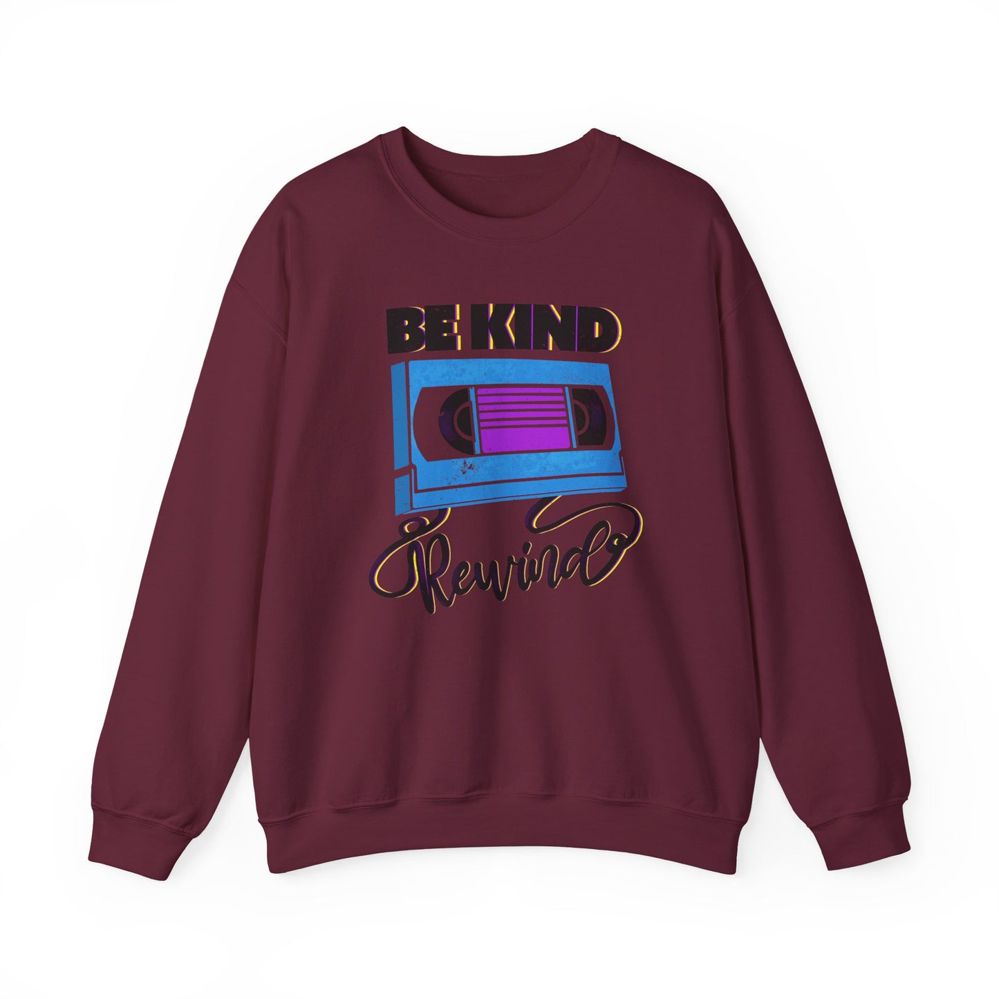 Be Kind Rewind Maroon Sweatshirt, retro typographic style, VHS inspiration for vintage lovers BimBangDesign