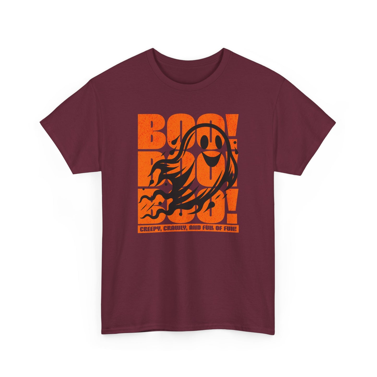 Maroon Playful ghost design with triple “Boo” text – fun Halloween unisex t-shirt by BimBangDesign.