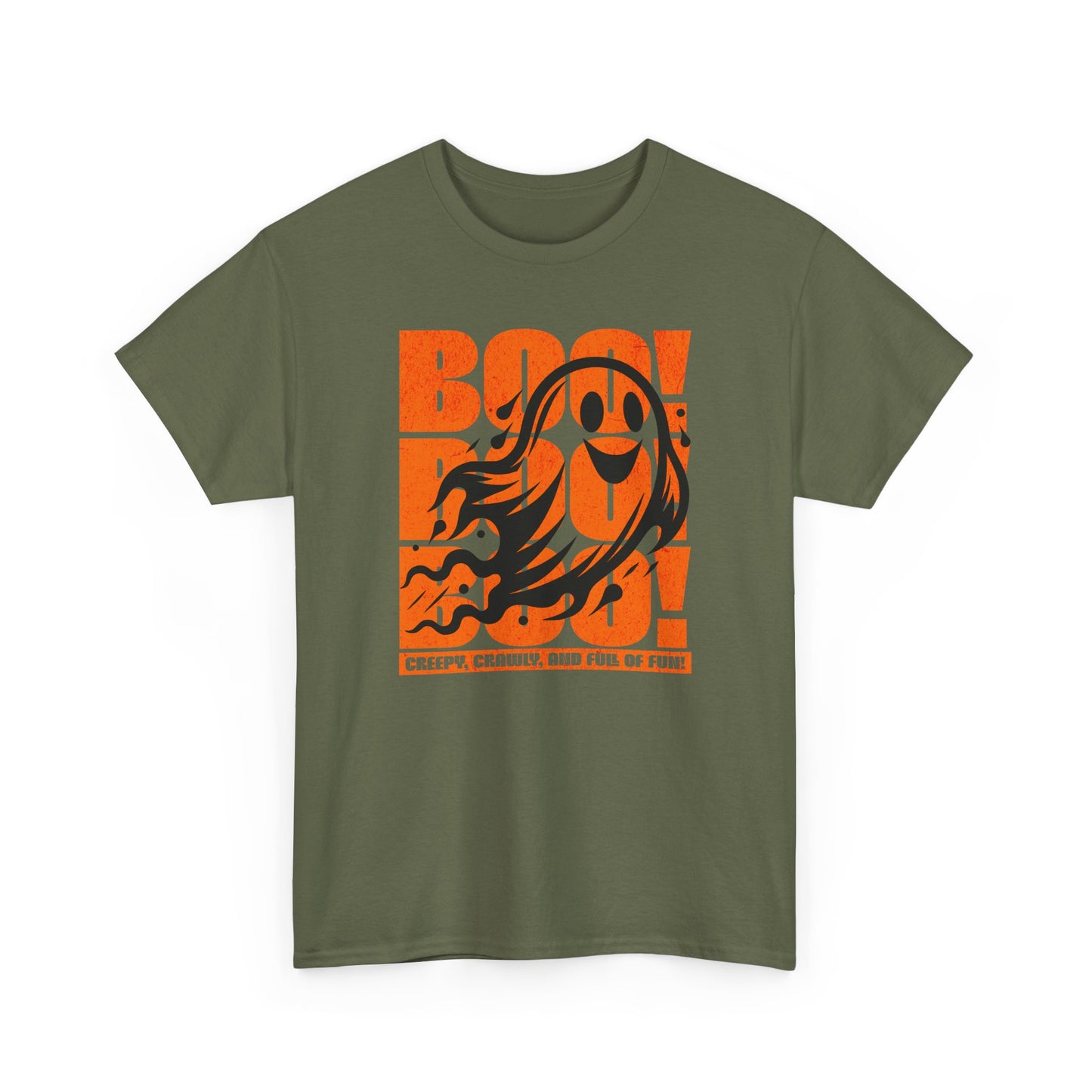 Military Green Playful ghost design with triple “Boo” text – fun Halloween unisex t-shirt by BimBangDesign.