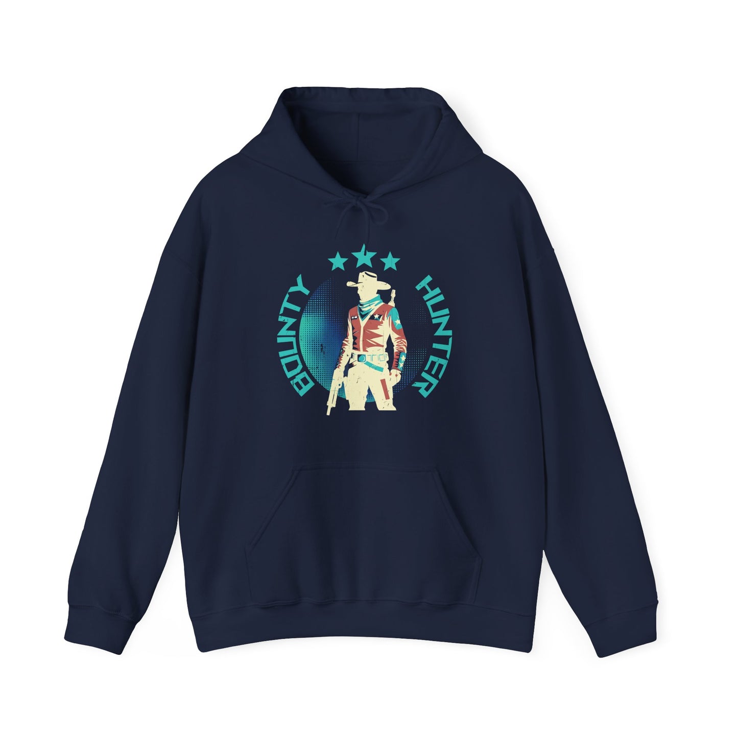 Bounty Hunter Navy Hoodie with minimalist retro space cowboy and stars design BimBangDesign