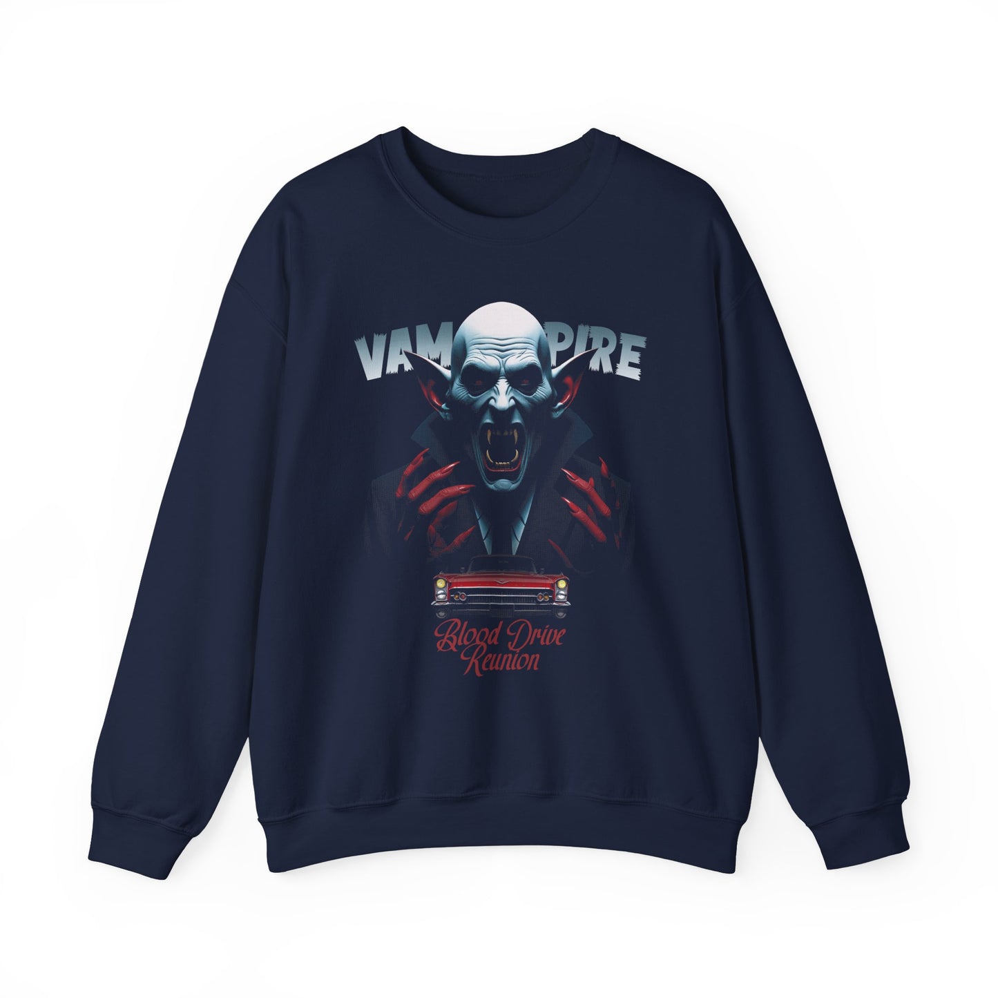Navy Blood Drive Reunion Sweatshirt for retro horror movie poster Fans BimBangDesign