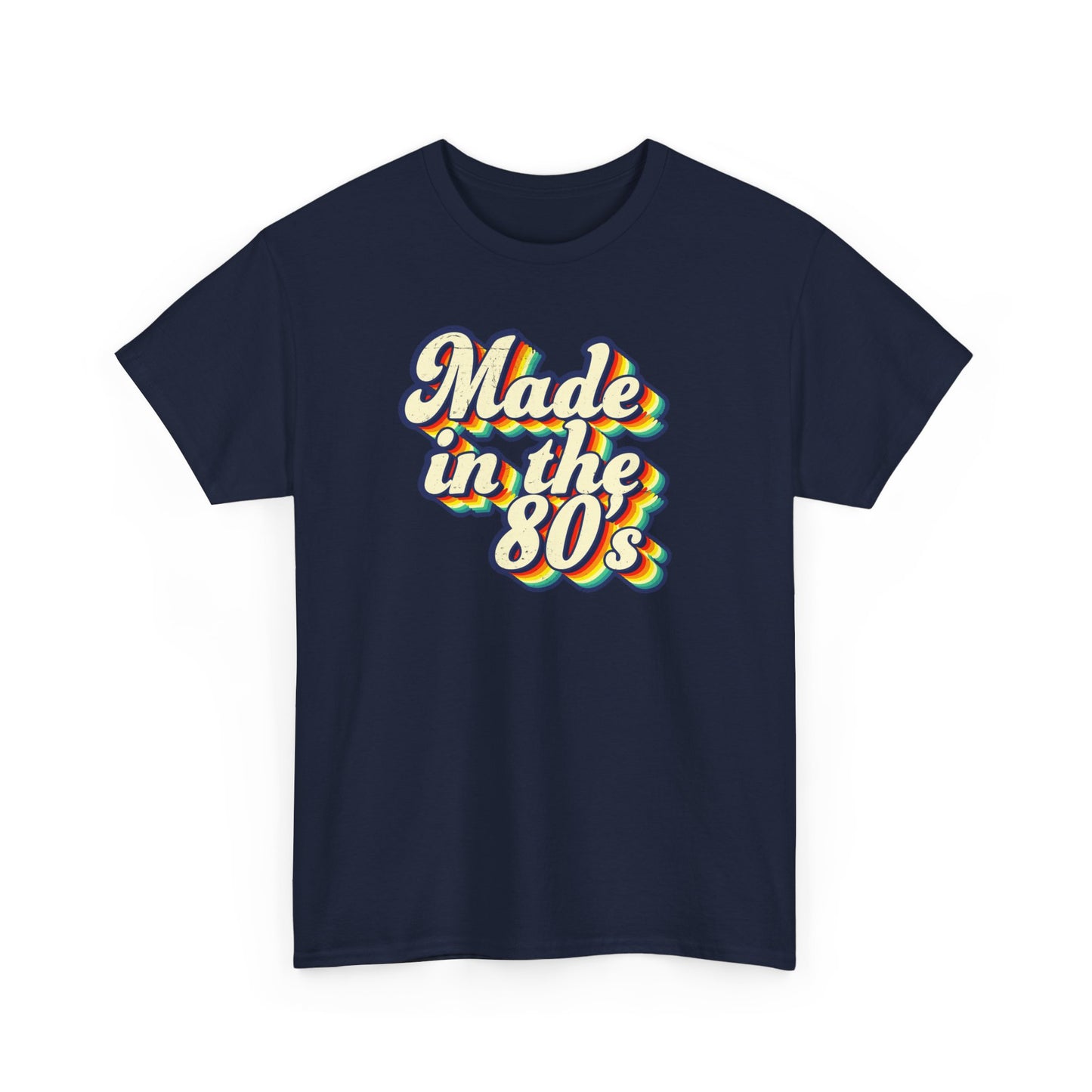 Made in the 80s vintage style T-shirt worn by an adult born in the 80's Navy