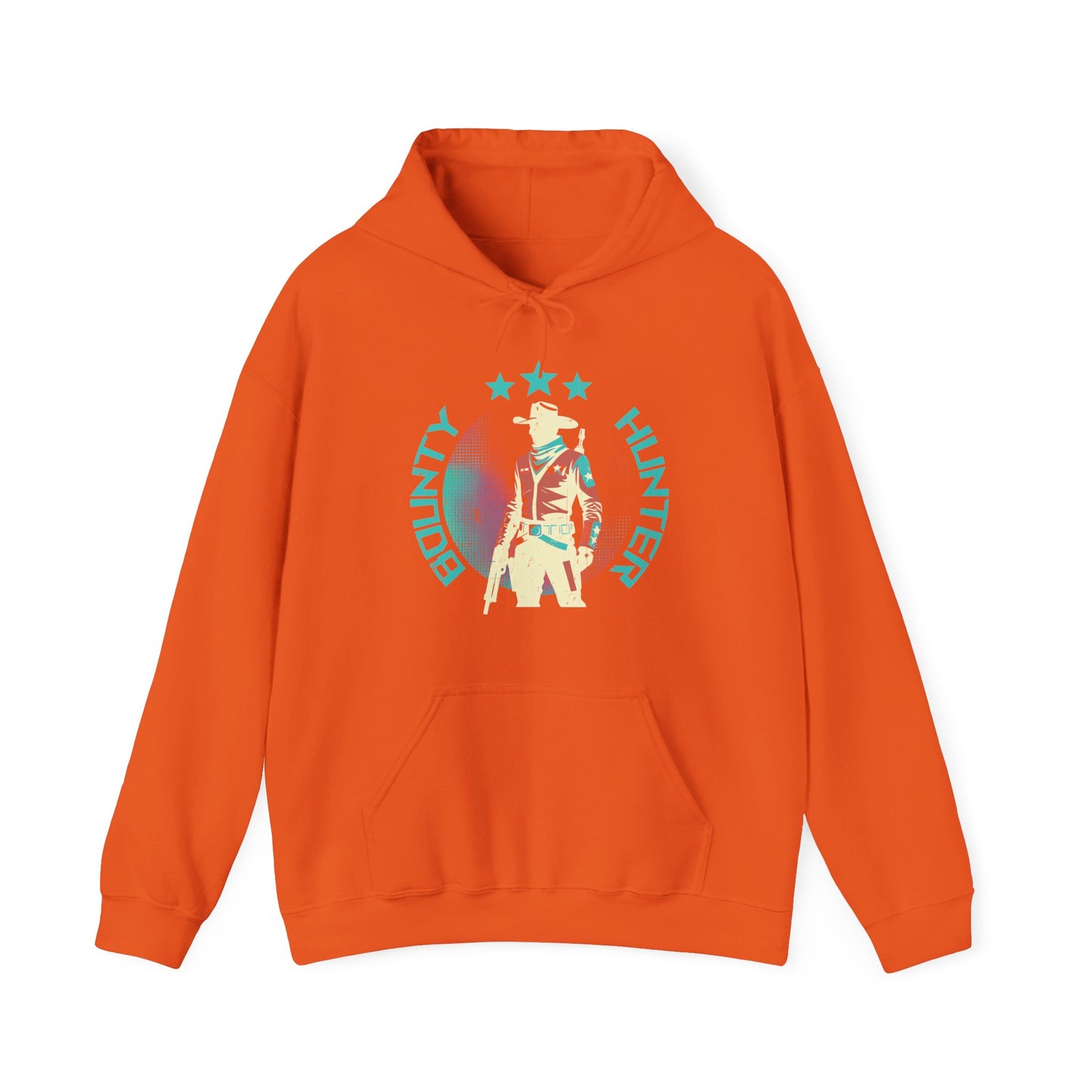 Bounty Hunter Orange Hoodie with minimalist retro space cowboy and stars design BimBangDesign