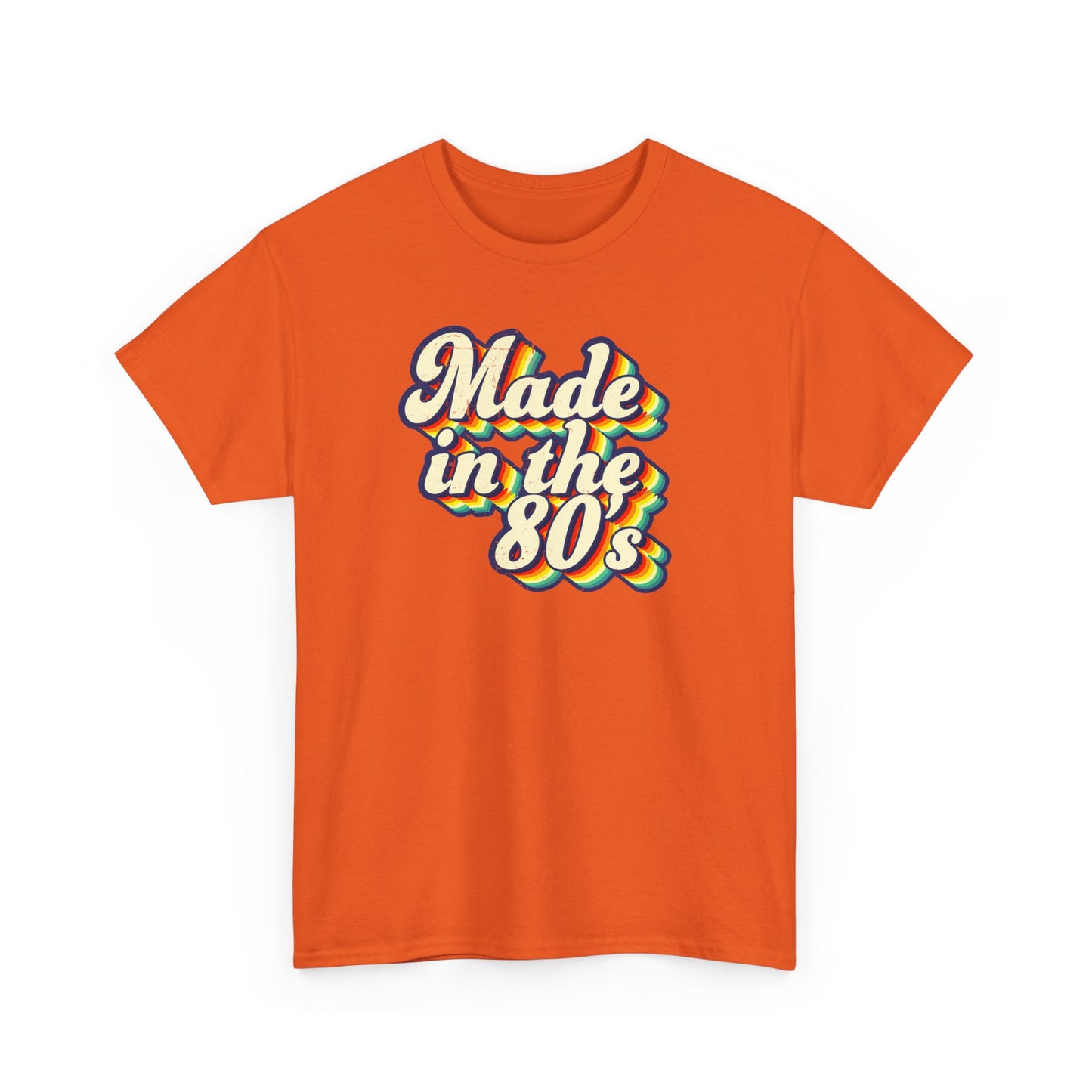 Made in the 80s vintage style T-shirt worn by an adult born in the 80's Orange